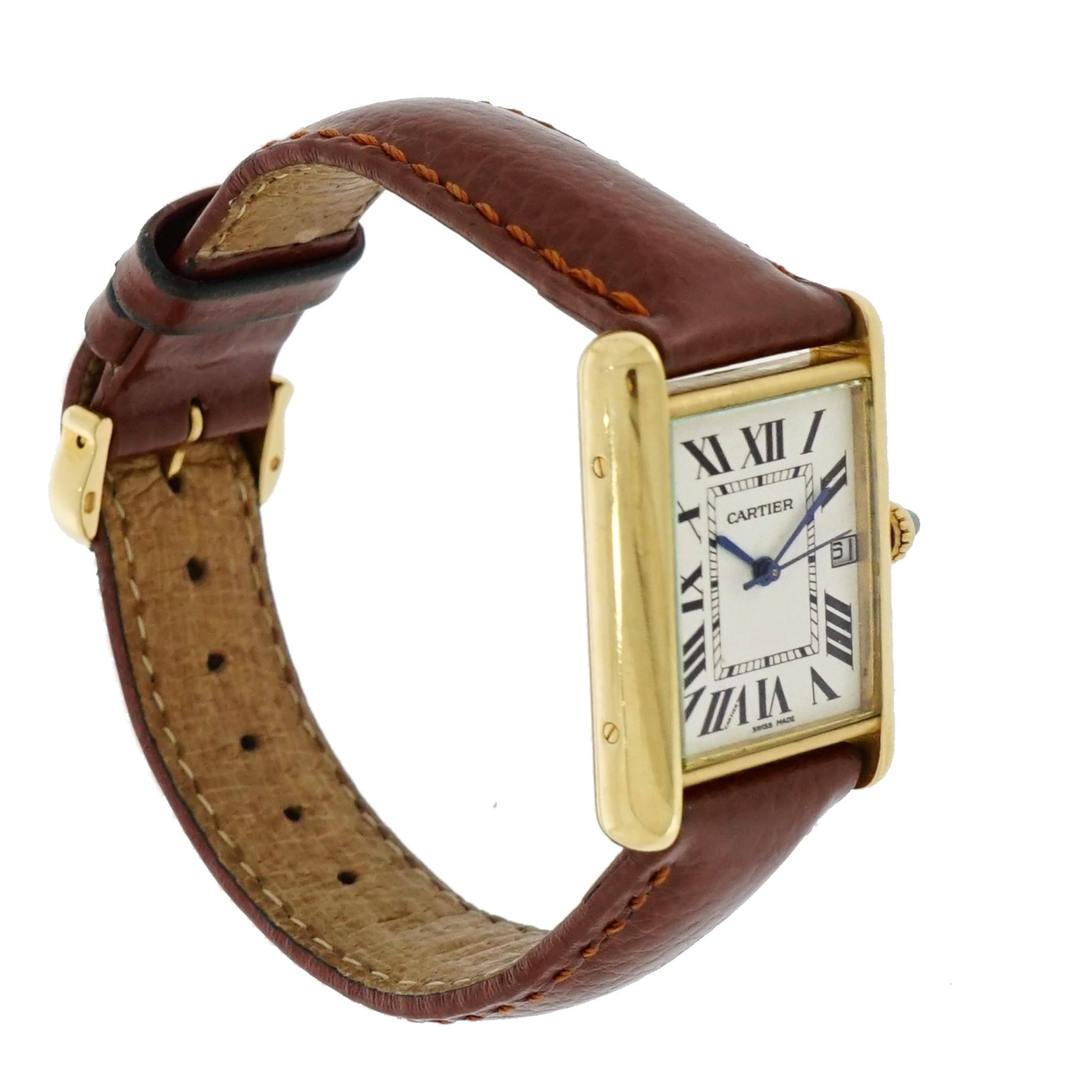 Cartier Tank Louis, the most wanted and most admired of all tank watches. With its smooth and rounded lines, became the jewel in the crown of the entire Cartier collection.
Crafted in 18k Yellow Gold with Brown Strap featuring a Quartz movement.