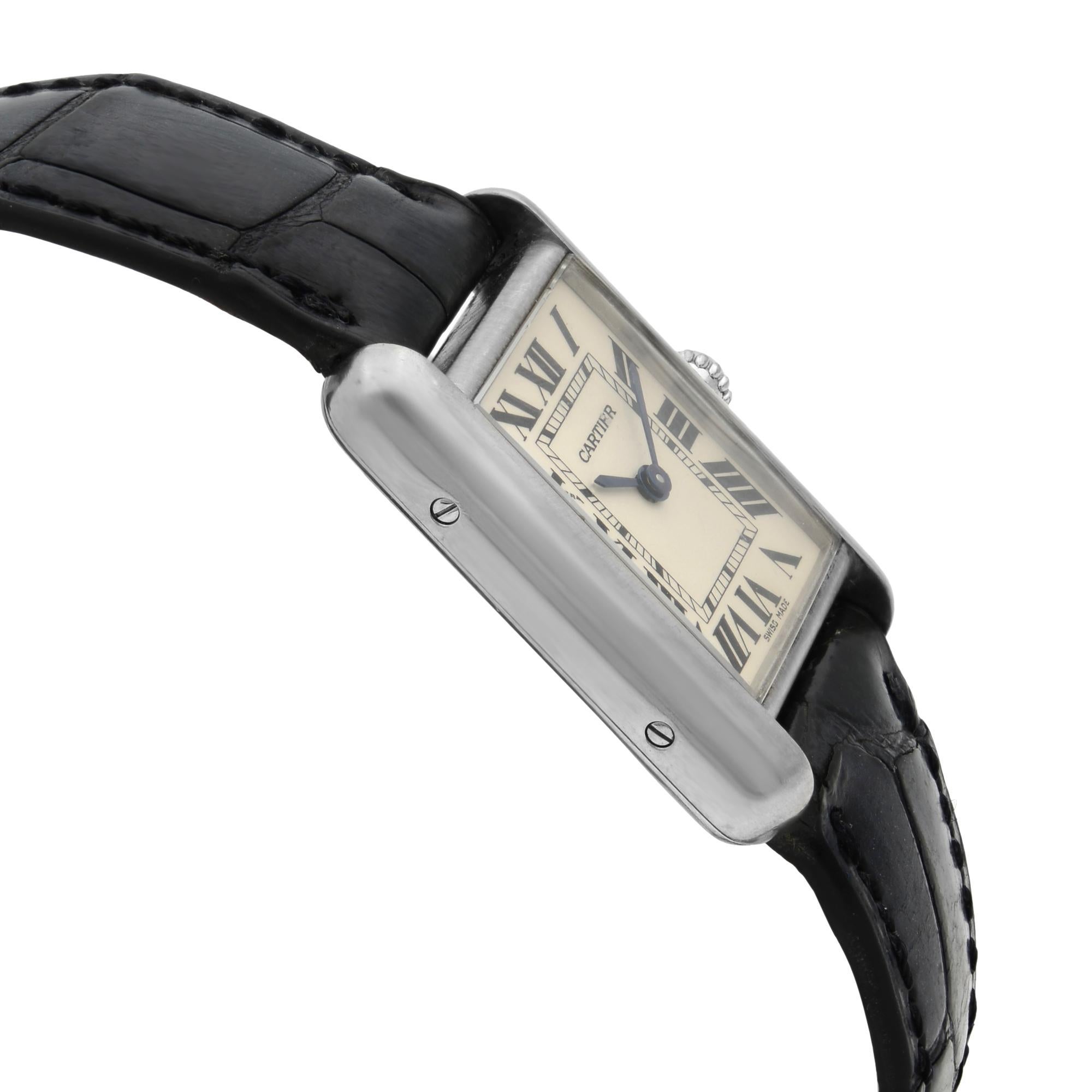 Cartier Tank Louise 18K White Gold Black Leather Quartz Ladies Watch W1541056 In Good Condition In New York, NY