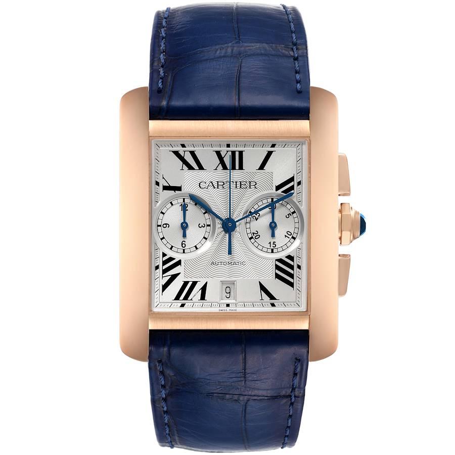 Cartier Tank MC 18K Rose Gold Silver Dial Mens Watch W5330005. Automatic self-winding movement caliber 1904-CH. Three body 18K rose gold case 34.3 x 44.0 mm. Protected octagonal crown set with the faceted blue sapphire. Exhibition case back. 18K