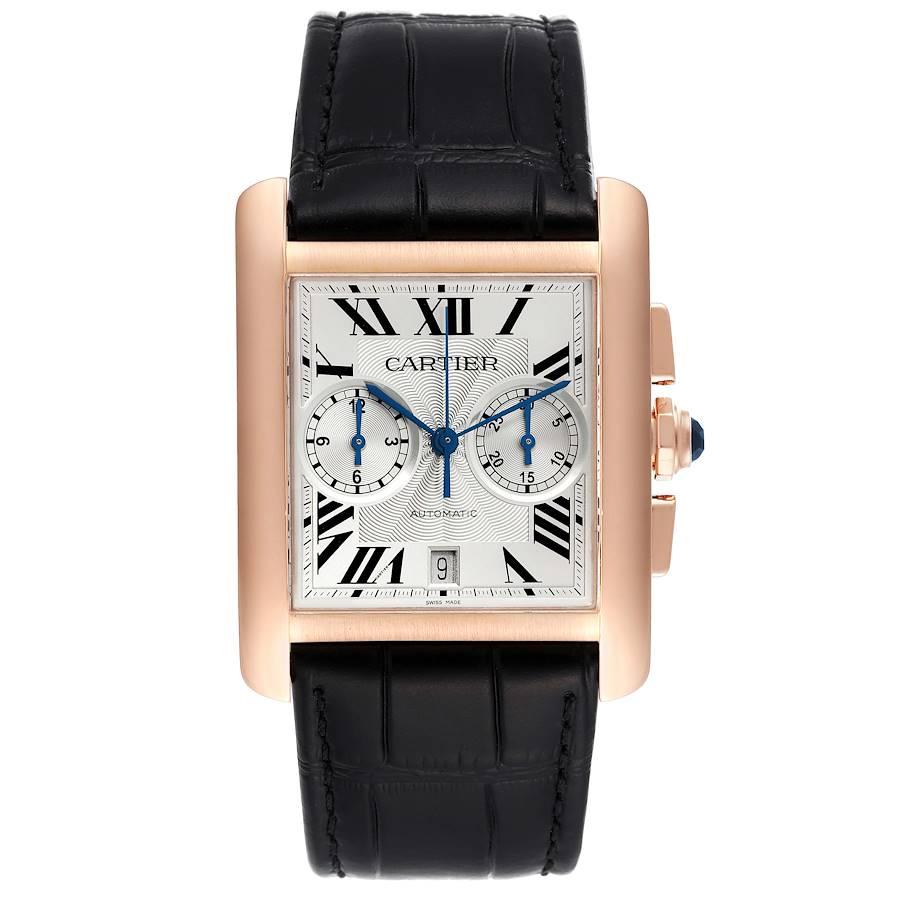 Cartier Tank MC 18K Rose Gold Silver Dial Mens Watch W5330005. Automatic self-winding movement caliber 1904-CH. Three body 18K rose gold case 34.3 x 44.0 mm. Protected octagonal crown set with faceted blue sapphire. Exhibition case back. 18K rose