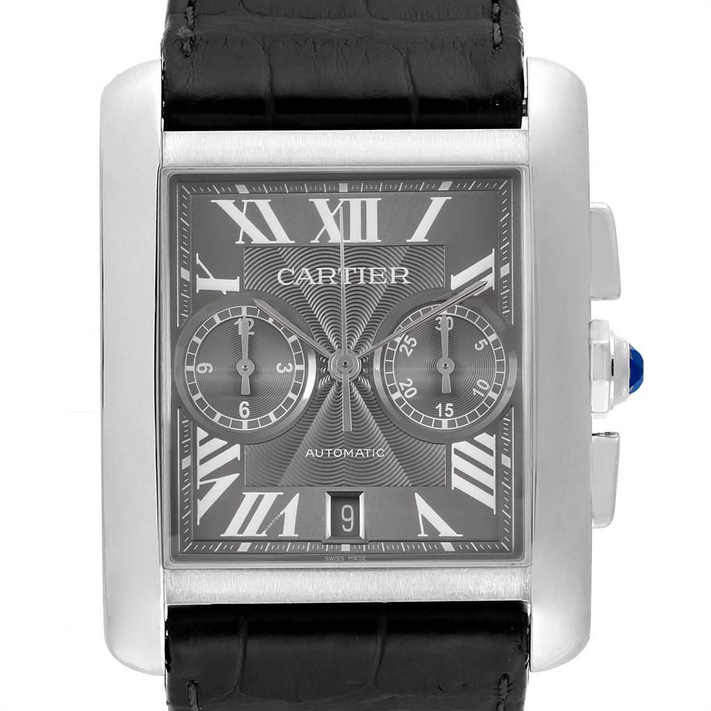 Cartier Tank MC Automatic Grey Dial Chronograph Mens Watch W5330008. Automatic self-winding chronograph movement caliber 1904-CH. 35 jewels. Three body brushed stainless steel case 34.3 x 44.0 mm. Protected octagonal crown set with the faceted blue