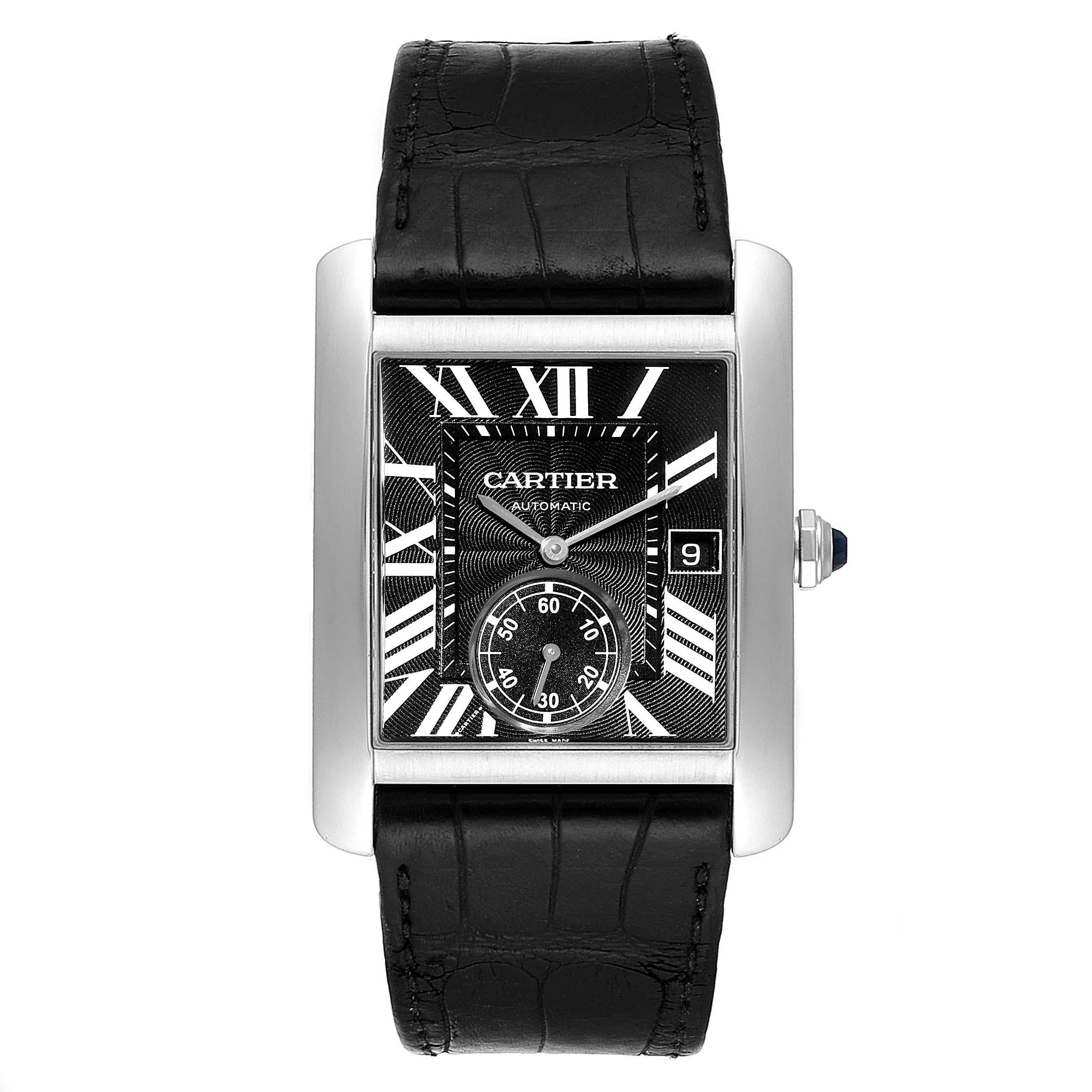 Cartier Tank MC Black Dial Automatic Mens Watch W5330004 Box Papers. Automatic self-winding movement caliber 1904-PS. Brushed stainless steel case 34.3 x 44.0 mm. Protected octagonal crown set with the faceted blue spinel. Exhibition case back.