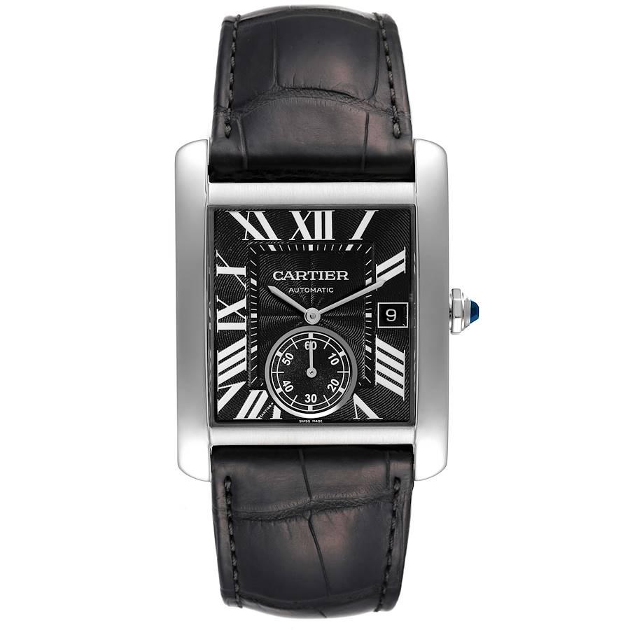 Cartier Tank MC Black Dial Automatic Mens Watch W5330004 Box Papers. Automatic self-winding movement caliber 1904-PS. Brushed stainless steel case 34.3 x 44.0 mm. Protected octagonal crown set with the faceted blue spinel. Exhibition case back.