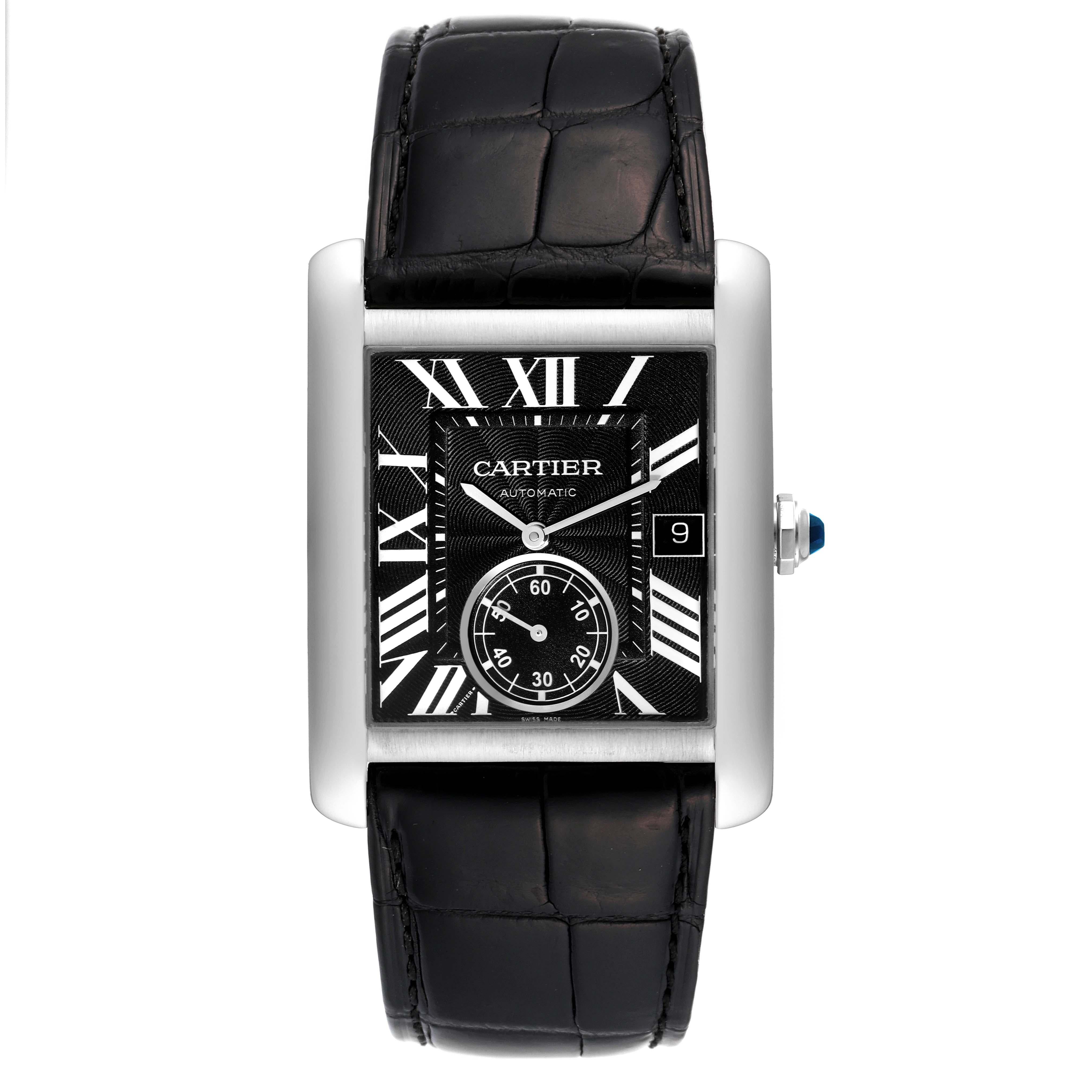 Cartier Tank MC Black Dial Automatic Steel Mens Watch W5330004 Card. Automatic self-winding movement. Brushed stainless steel case 34.3 x 44.0 mm. Protected octagonal crown set with the faceted blue spinel. Exhibition transparent sapphire crystal