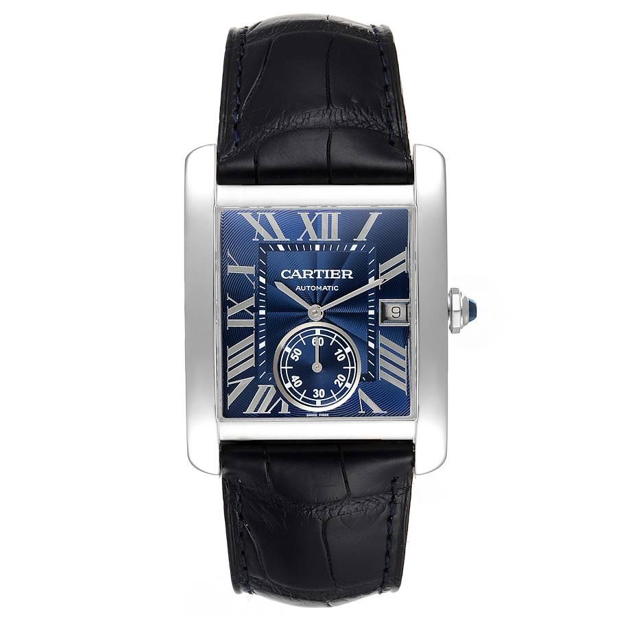 Cartier Tank MC Blue Dial Automatic Steel Mens Watch WSTA0010 Box Papers. Automatic self-winding movement caliber 1904-PS. Three body brushed stainless steel case 34.3 x 44.0 mm. Protected octagonal crown set with the faceted blue spinel. Exhibition