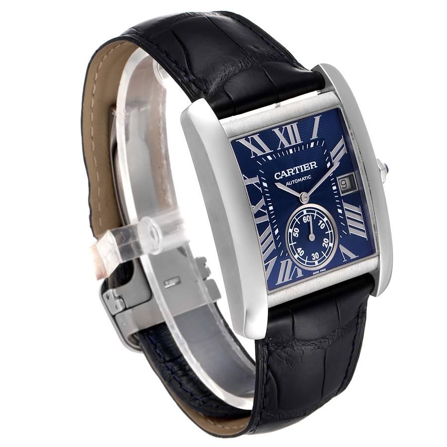 Cartier Tank MC Blue Dial Automatic Steel Mens Watch WSTA0010 Box Papers In Excellent Condition For Sale In Atlanta, GA