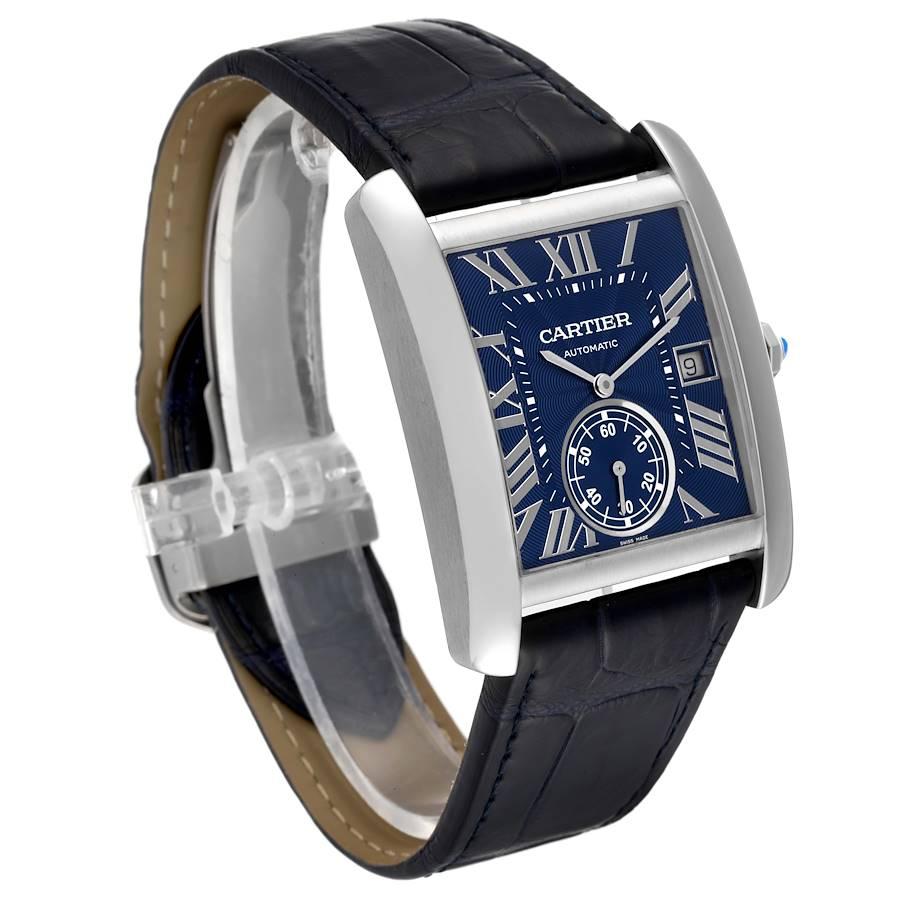Cartier Tank MC Blue Dial Automatic Steel Mens Watch WSTA0010 Box Papers In Excellent Condition In Atlanta, GA