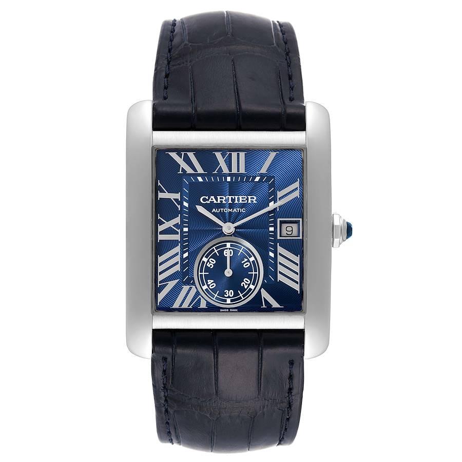 Cartier Tank MC Blue Dial Automatic Steel Mens Watch WSTA0010. Automatic self-winding movement caliber 1904-PS. Three body brushed stainless steel case 34.3 x 44.0 mm. Protected octagonal crown set with the faceted blue spinel. Exhibition