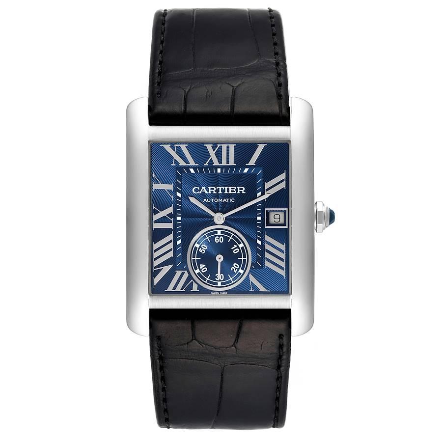 Cartier Tank MC Blue Dial Automatic Steel Mens Watch WSTA0010. Automatic self-winding movement caliber 1904-PS. Three body brushed stainless steel case 34.3 x 44.0 mm. Protected octagonal crown set with the faceted blue spinel. Exhibition