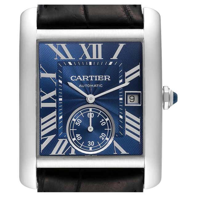 Cartier Stainless Steel Tank MC Blue Dial Automatic Wristwatch at 1stDibs