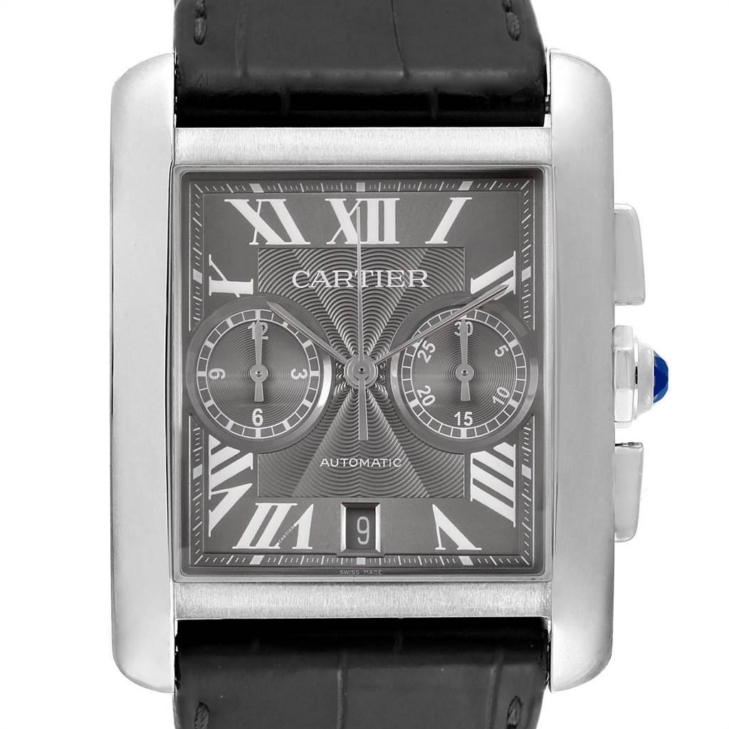 Cartier Tank MC Grey Dial Chronograph Mens Watch W5330008 Box Papers. Automatic self-winding chronograph movement caliber 1904-CH. 35 jewels. Three body brushed stainless steel case 34.3 x 44.0 mm. Protected octagonal crown set with the faceted blue