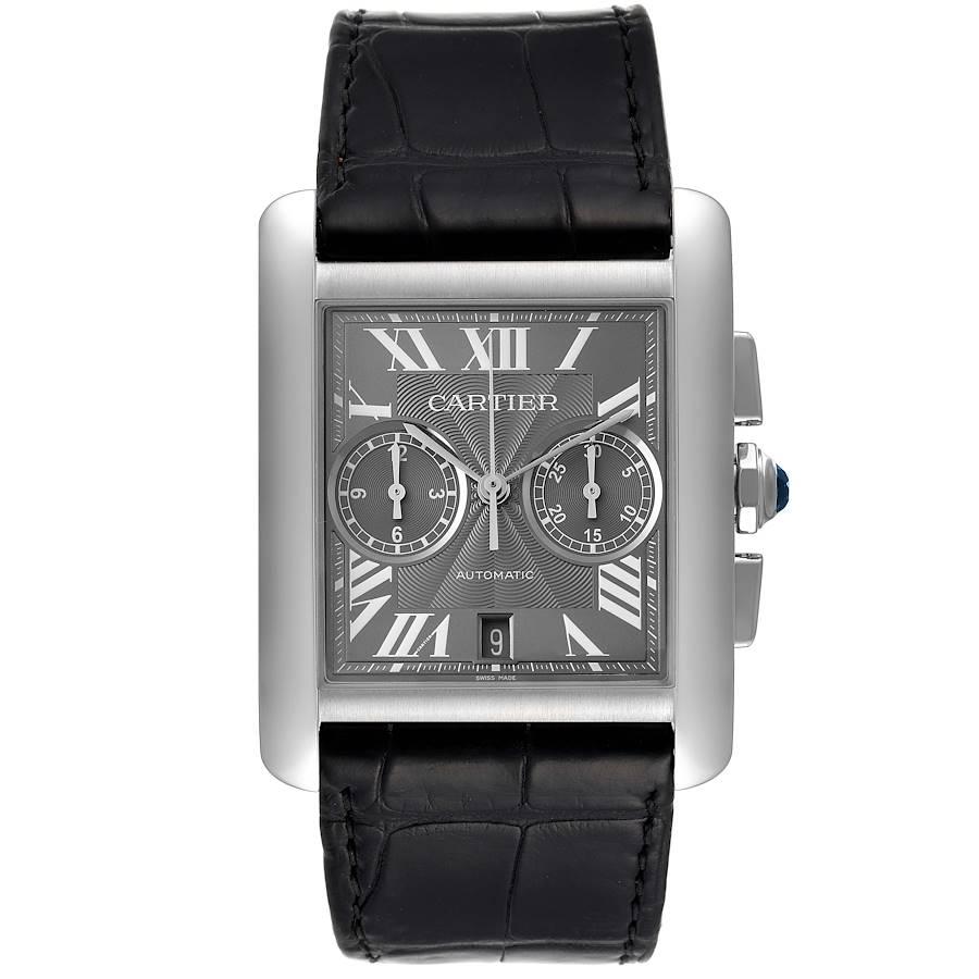 Cartier Tank MC Grey Dial Steel Chronograph Mens Watch W5330008. Automatic self-winding chronograph movement caliber 1904-CH. Three body brushed stainless steel case 34.3 x 44.0 mm. Protected octagonal crown set with the faceted blue spinel.