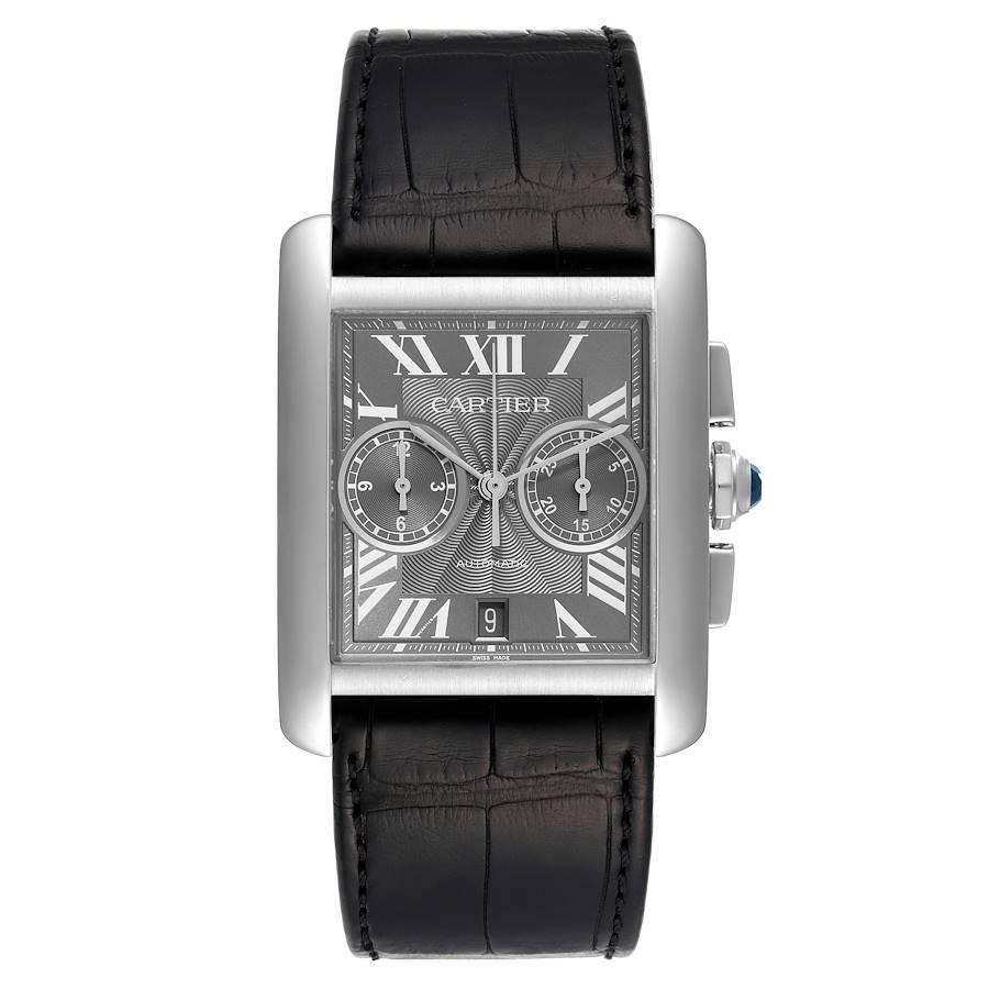 Cartier Tank MC Grey Dial Steel Chronograph Mens Watch W5330008. Automatic self-winding chronograph movement caliber 1904-CH. 35 jewels. Three body brushed stainless steel case 34.3 x 44.0 mm. Protected octagonal crown set with the faceted blue