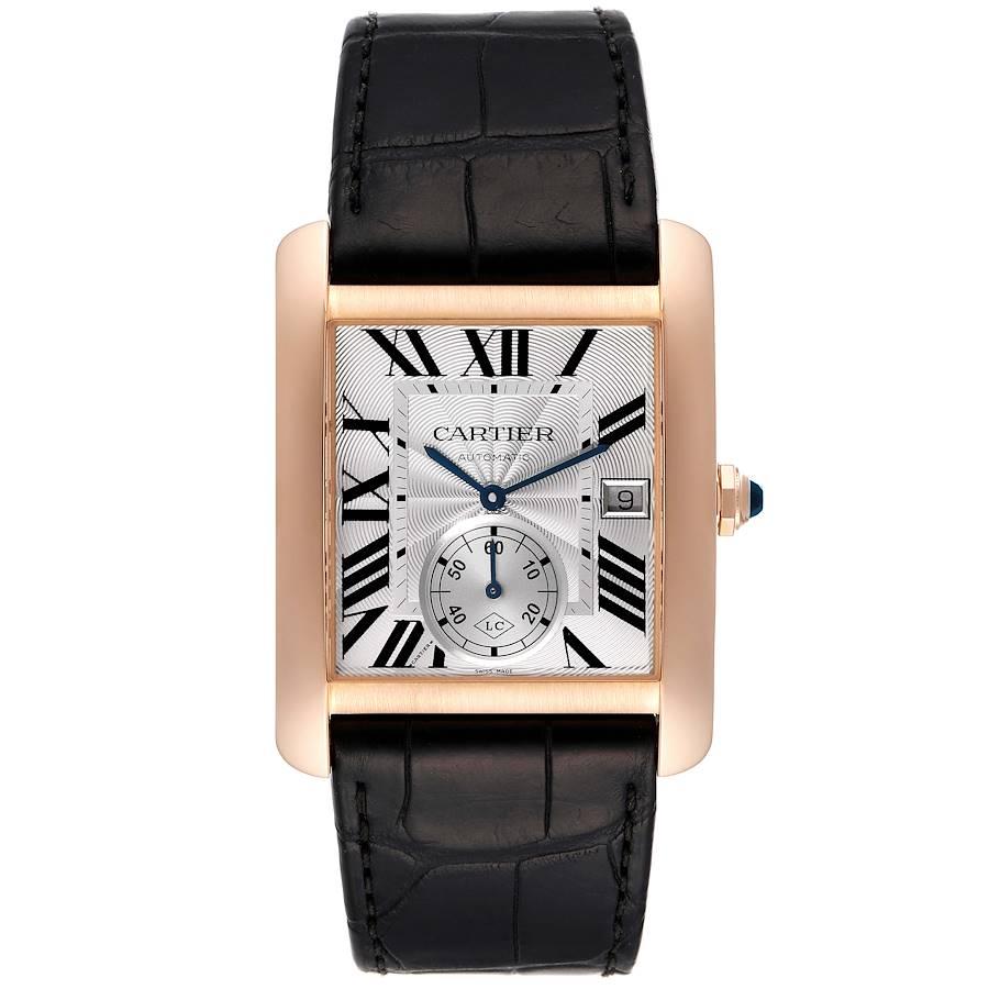 Cartier Tank MC Rose Collaborateur Gold Silver Dial Mens Watch W5330001. Automatic self-winding movement caliber 1904-PS. Three body 18K rose gold case 34.3 x 44.0 mm. Protected octagonal crown set with the faceted blue sapphire. Exhibition case
