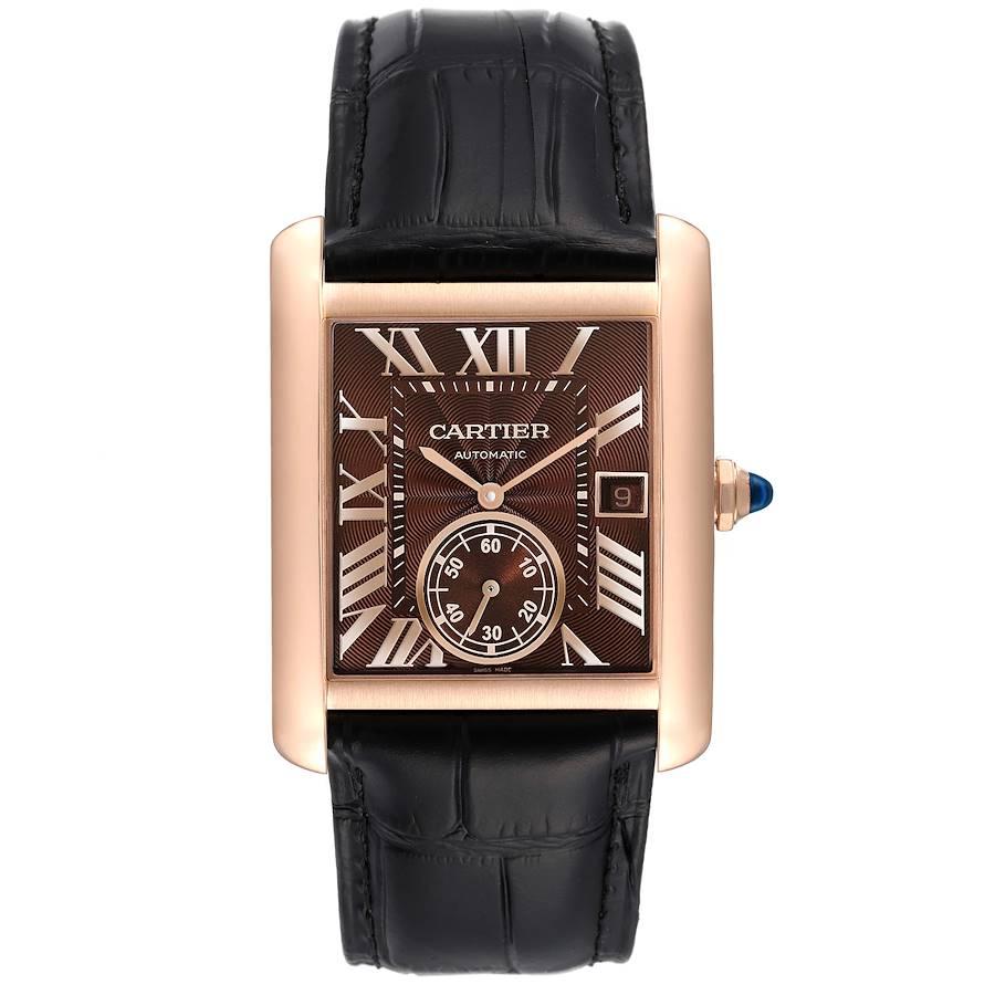 Cartier Tank MC Rose Gold Brown Dial Black Strap Mens Watch W5330002 Box Card. Automatic self-winding movement caliber 1904-PS. 18K rose gold rectangular case 34.3 x 44.0 mm. Protected octagonal crown set with the faceted blue sapphire. Exhibition