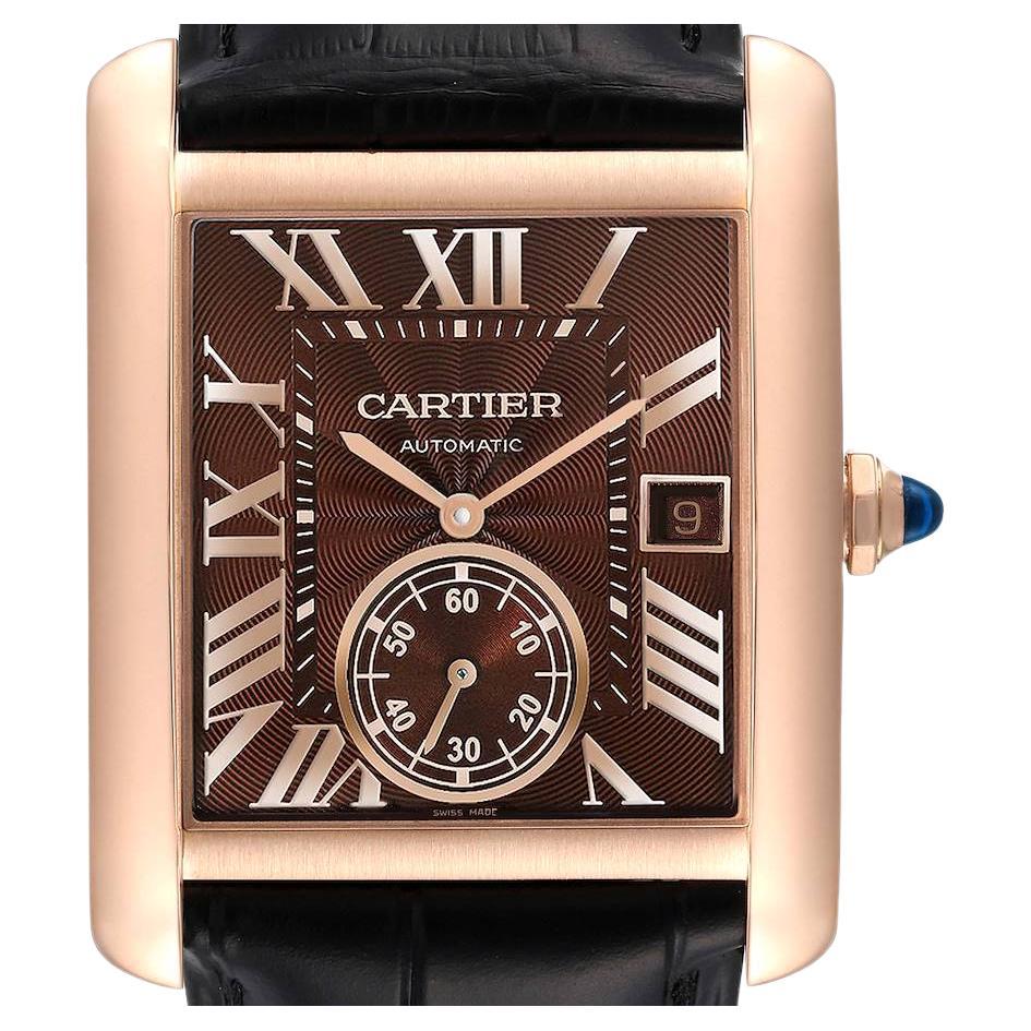 Cartier Montre Tank MC pour homme en or rose avec cadran marron et sangle noire W5330002 et carte de boîte en vente