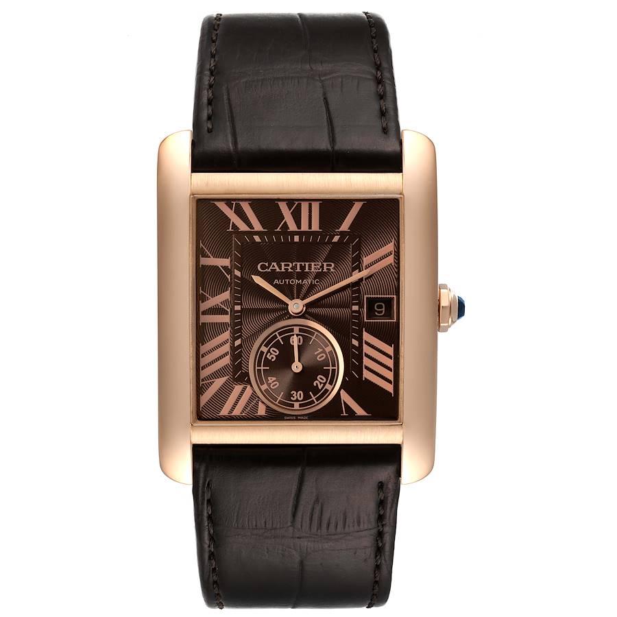 Cartier Tank MC Rose Gold Brown Dial Brown Strap Mens Watch W5330002. Automatic self-winding movement caliber 1904-PS. 18K rose gold rectangular case 34.3 x 44.0 mm. Protected octagonal crown set with the faceted blue sapphire. Exhibition sapphire