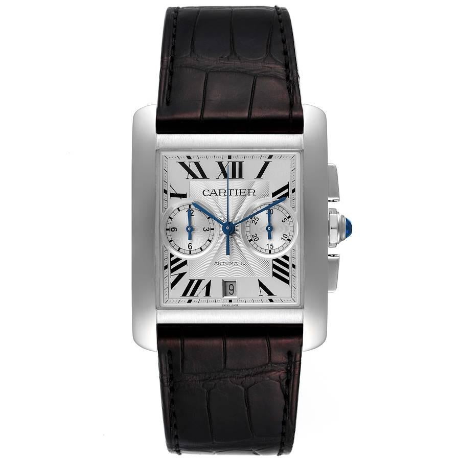Cartier Tank MC Silver Dial Automatic Chronograph Mens Watch W5330007 Box Papers. Automatic self-winding chronograph movement caliber. Three body brushed stainless steel case 34.3 x 44.0 mm. Protected octagonal crown set with the faceted blue