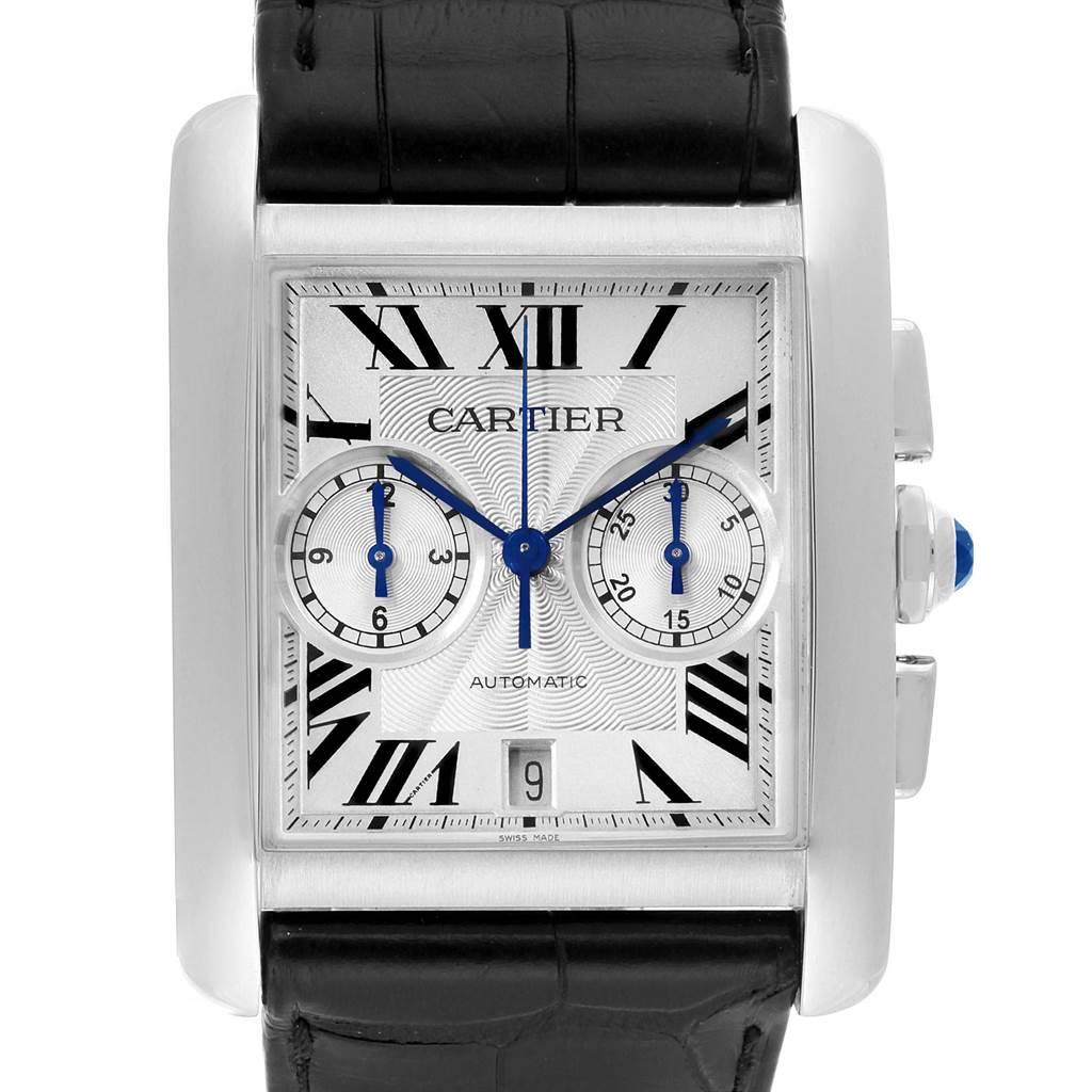 Cartier Tank MC Silver Dial Automatic Chronograph Mens Watch W5330007. Automatic self-winding chronograph movement caliber 1904-CH. 35 jewels. Three body brushed stainless steel case 34.3 x 44.0 mm. Protected octagonal crown set with the faceted