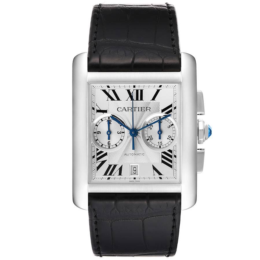 Cartier Tank MC Silver Dial Automatic Chronograph Mens Watch W5330007. Automatic self-winding chronograph movement caliber 1904-CH. 35 jewels. Three body brushed stainless steel case 34.3 x 44.0 mm. Protected octagonal crown set with the faceted