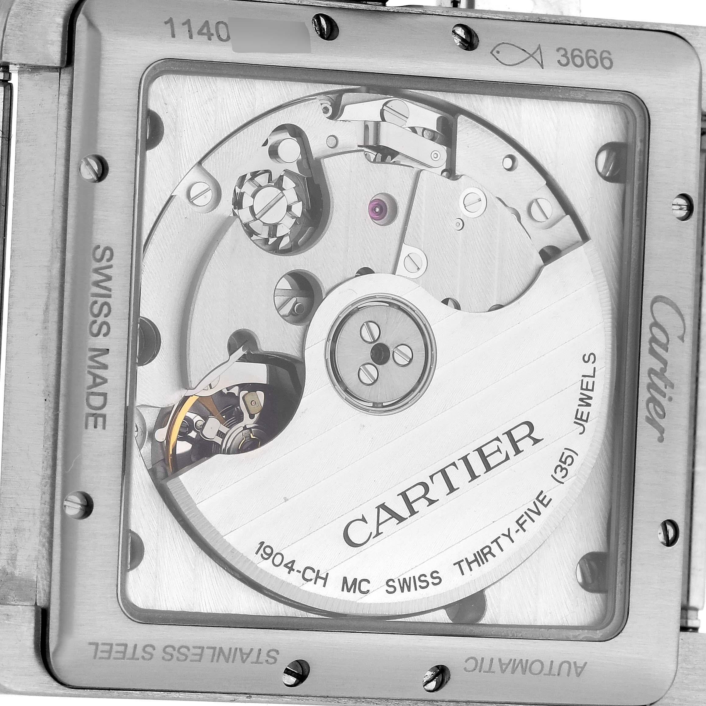 Cartier Tank MC Silver Dial Automatic Chronograph Mens Watch W5330007 Papers. Automatic self-winding chronograph movement. Three body brushed stainless steel case 34.3 x 44.0 mm. Protected octagonal crown set with the faceted blue spinel.