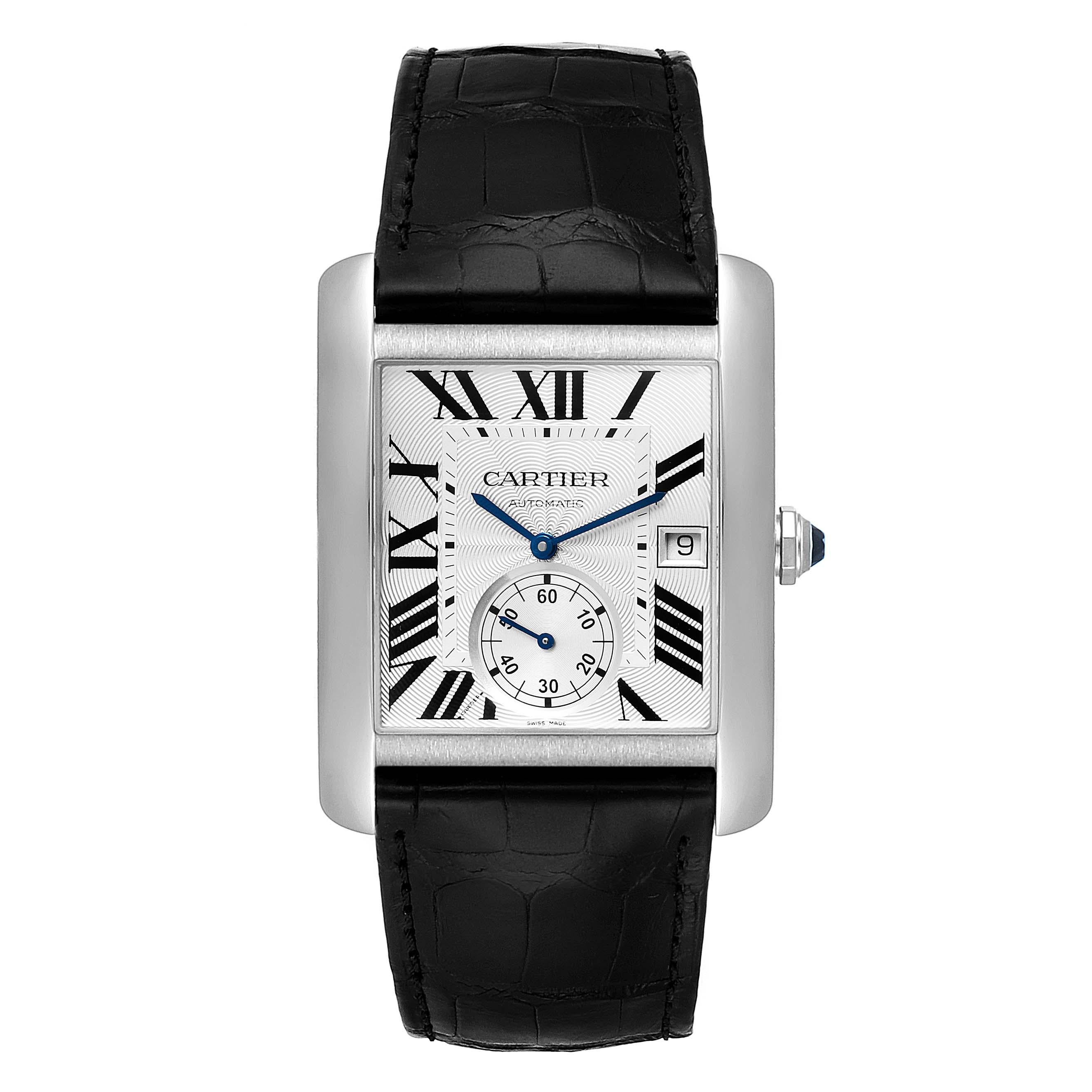 Cartier Tank MC Silver Dial Steel Mens Watch W5330003 Box Card. Automatic self-winding movement caliber 1904-PS. Three body brushed stainless steel case 34.3 x 44.0 mm. Protected octagonal crown set with the faceted blue spinel. Exhibition case