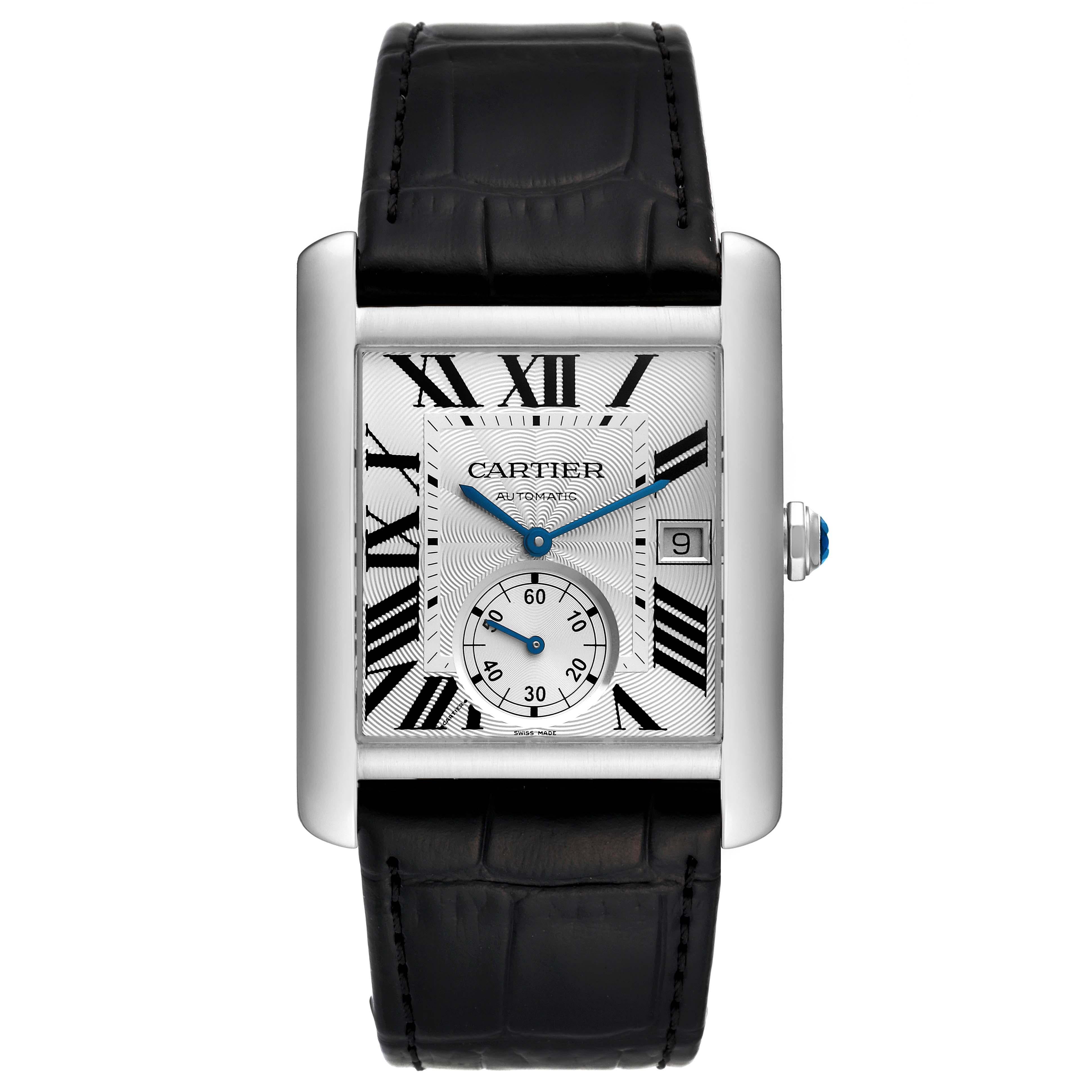 Cartier Tank MC Silver Dial Steel Mens Watch W5330003 Card. Automatic self-winding movement. Three body brushed stainless steel case 34.3 x 44.0 mm. Octagonal crown set with the faceted blue spinel. Exhibition transparent sapphire crystal caseback.
