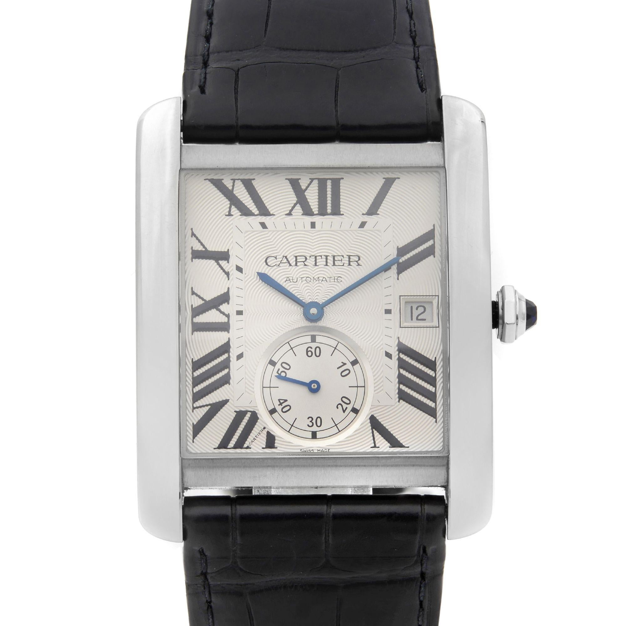 This pre-owned Cartier Tank MC W5330003 is a beautiful men's timepiece that is powered by mechanical (automatic) movement which is cased in a stainless steel case. It has a  rectangle shape face, date indicator, small seconds subdial dial and has