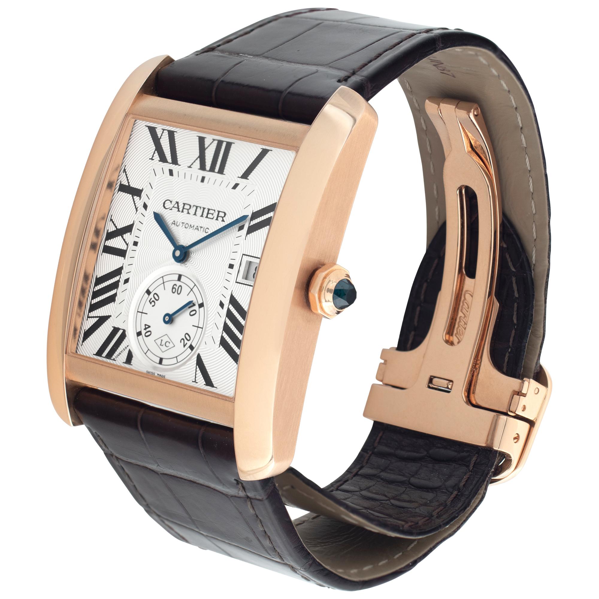 Cartier Tank MC in 18k rose gold on brown alligator strap with 18k rose gold deployant buckle. Auto w/ subseconds and date. 35 mm x 33 mm case size. With box. Ref w5330001. Fine Pre-owned Cartier Watch. Certified preowned Dress Cartier Tank MC