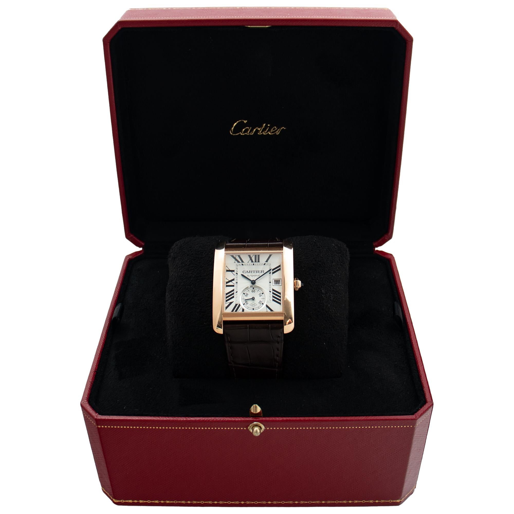Cartier Tank MC w5330001 in rose gold w/ a Silver Guilloche dial 35mm Automatic In Excellent Condition For Sale In Surfside, FL