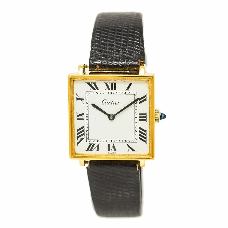 Cartier Tank Men's Hand Winding Watch 925 GoldPlated Leather Strap For