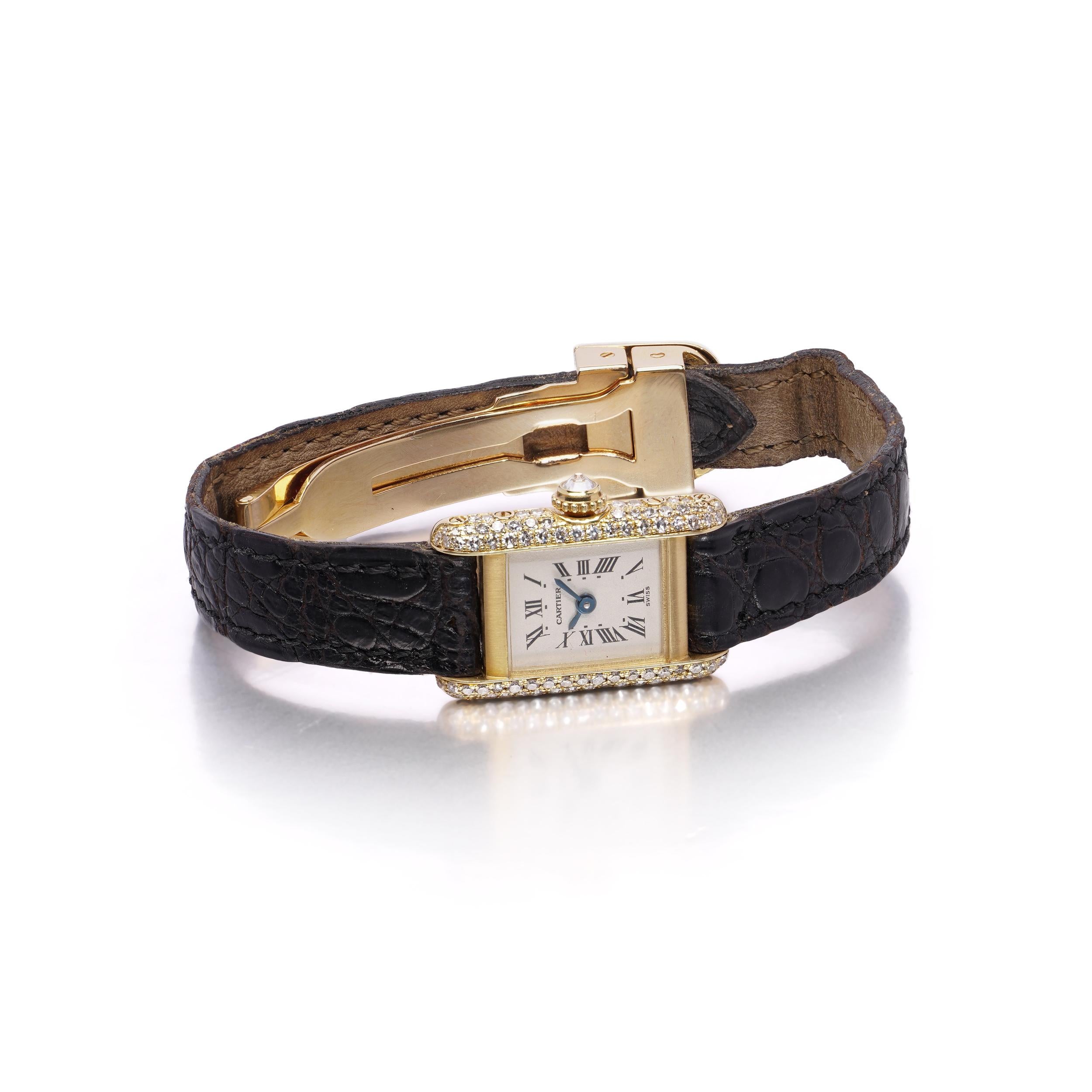 Cartier Tank Mini Quartz Ladies Watch in 18kt Yellow Gold with Diamond Set Case In Good Condition For Sale In Braintree, GB