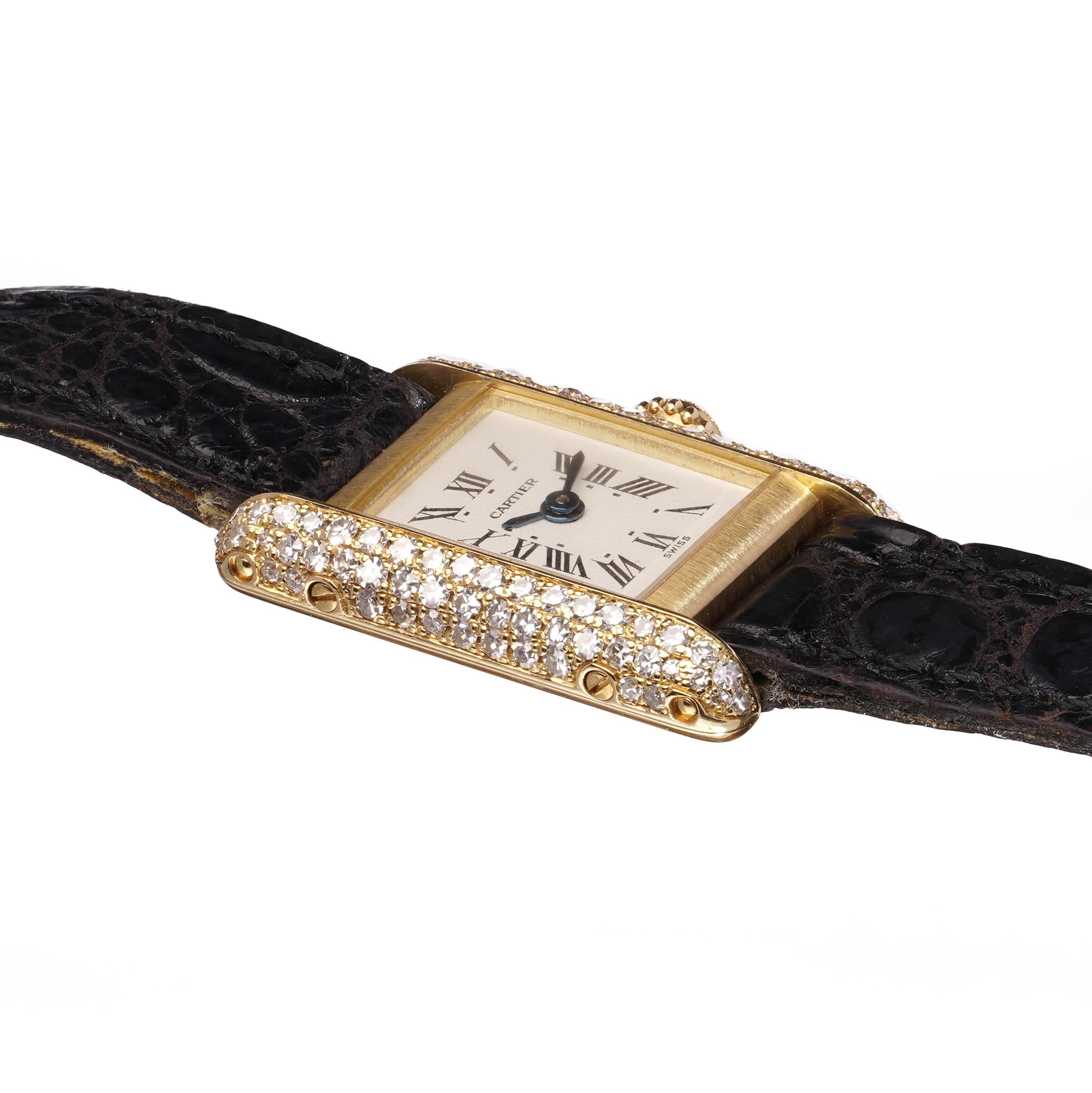 Cartier Tank Mini Quartz Ladies Watch in 18kt Yellow Gold with Diamond Set Case For Sale 3