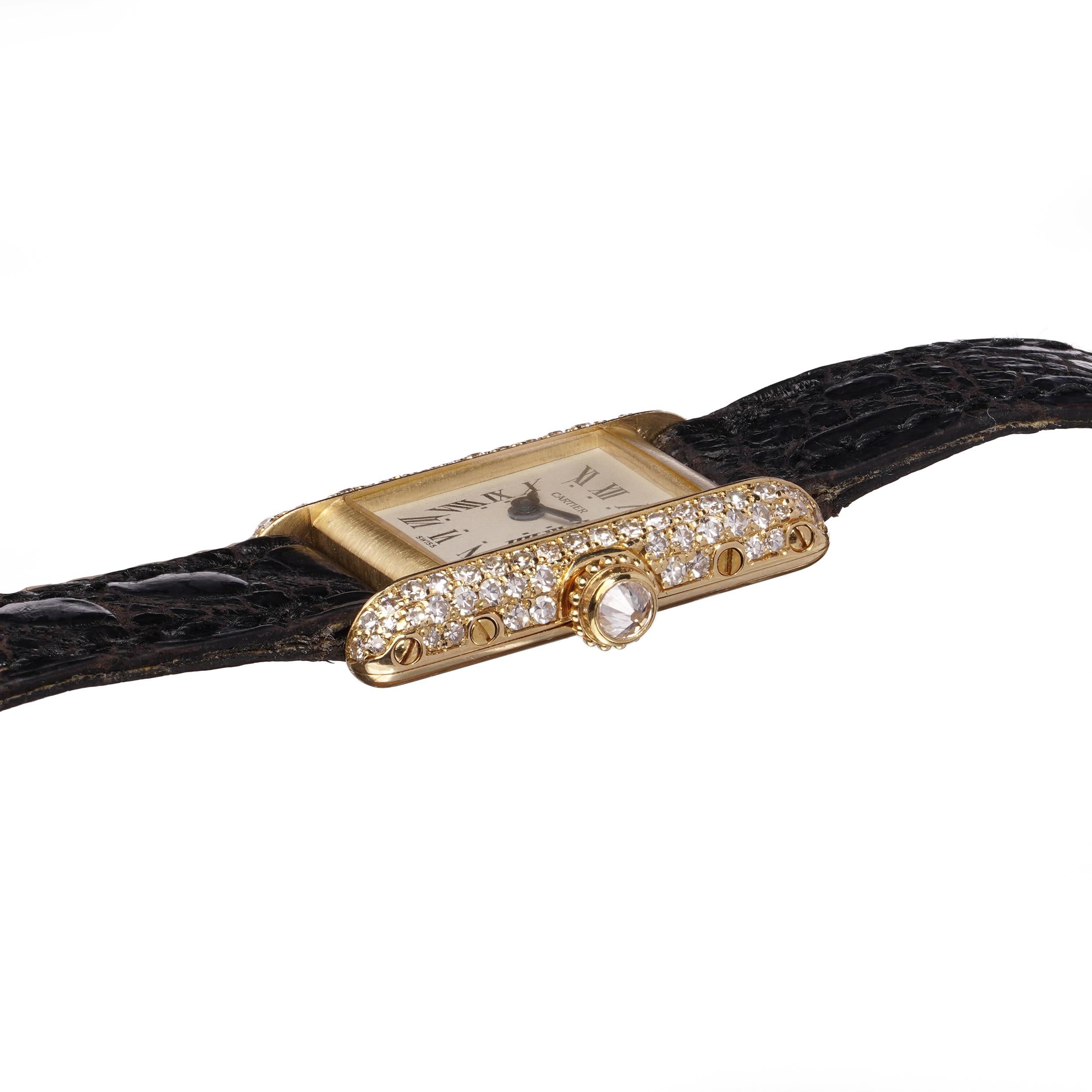 Cartier Tank Mini Quartz Ladies Watch in 18kt Yellow Gold with Diamond Set Case For Sale 4