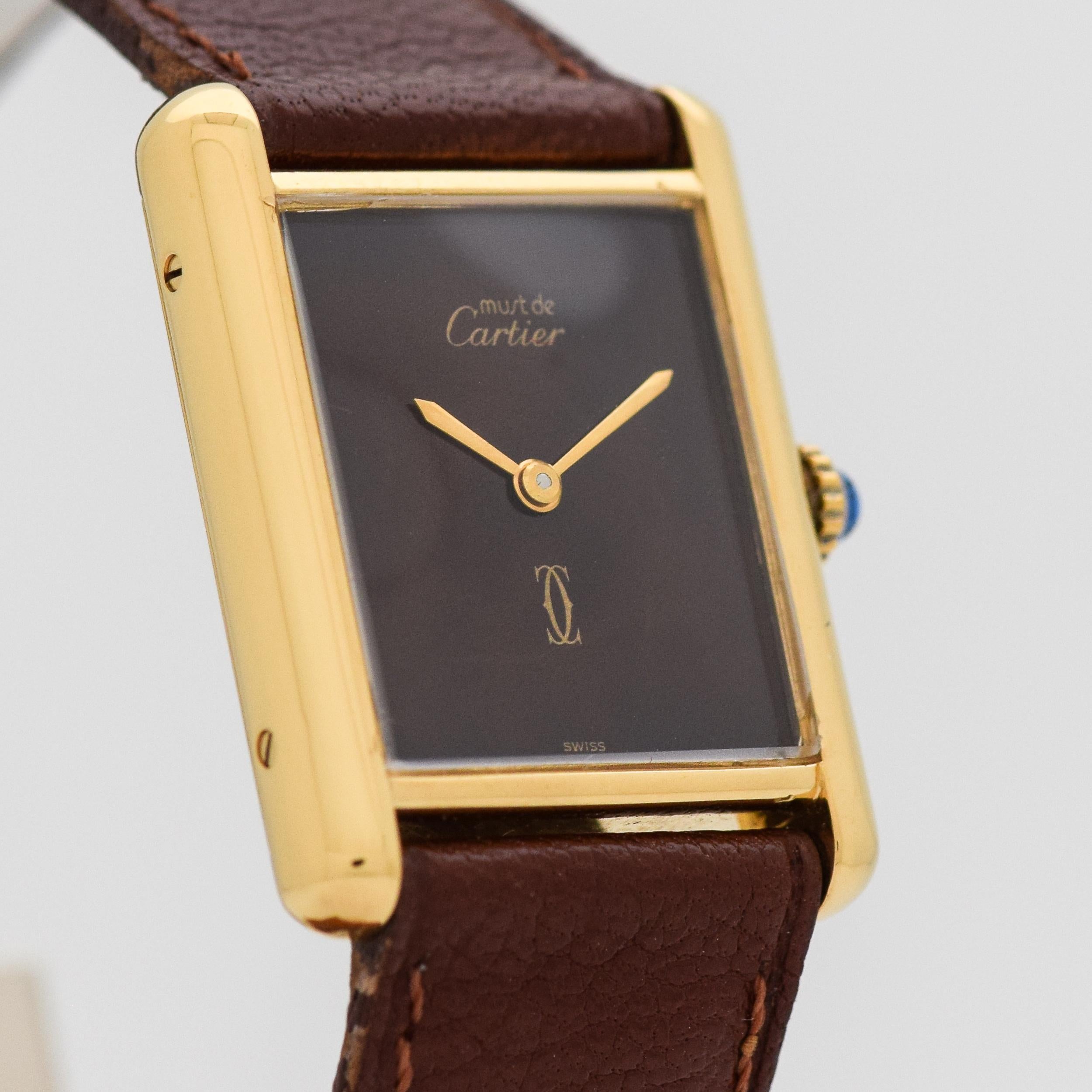 1980's Vintage Cartier Men's Classic Size Must de Tank 18k Yellow Gold Plated Over Sterling Silver watch with Original Brown Dial with Genuine Cartier Leather Strap and Cartier Buckle. Triple Signed. 23mm x 30mm lug to lug (0.91 in. x 1.18 in.) - 17