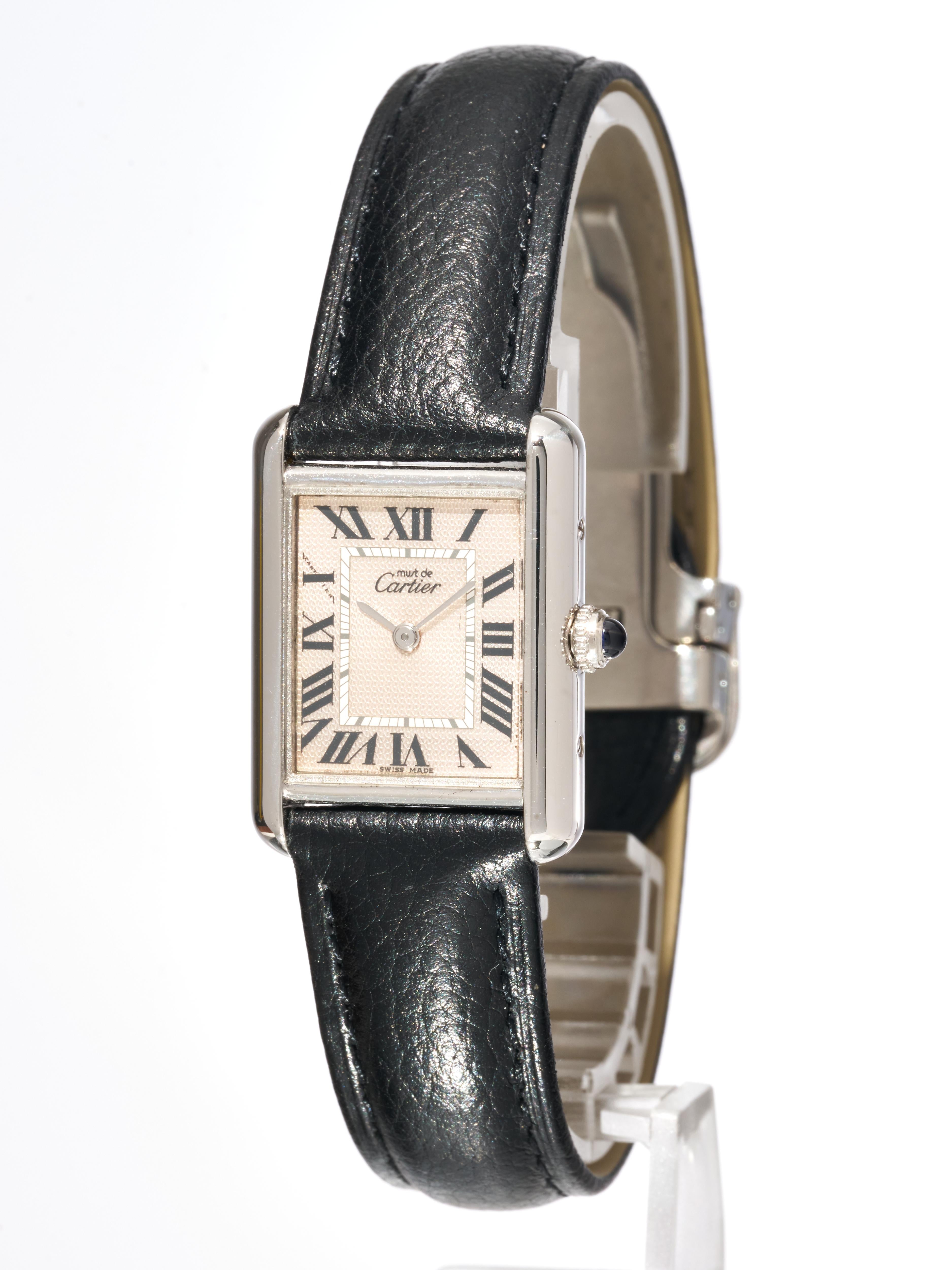 Fork In Time is proud to offer on the 1st Dibs marketplace:


Cartier 
Must De Tank
Sterling Silver 925 with Rhodium Plating

Dial is a special edition for Christmas Circa 2000

Guilloched geometric pattern engraved into the dial gives it a