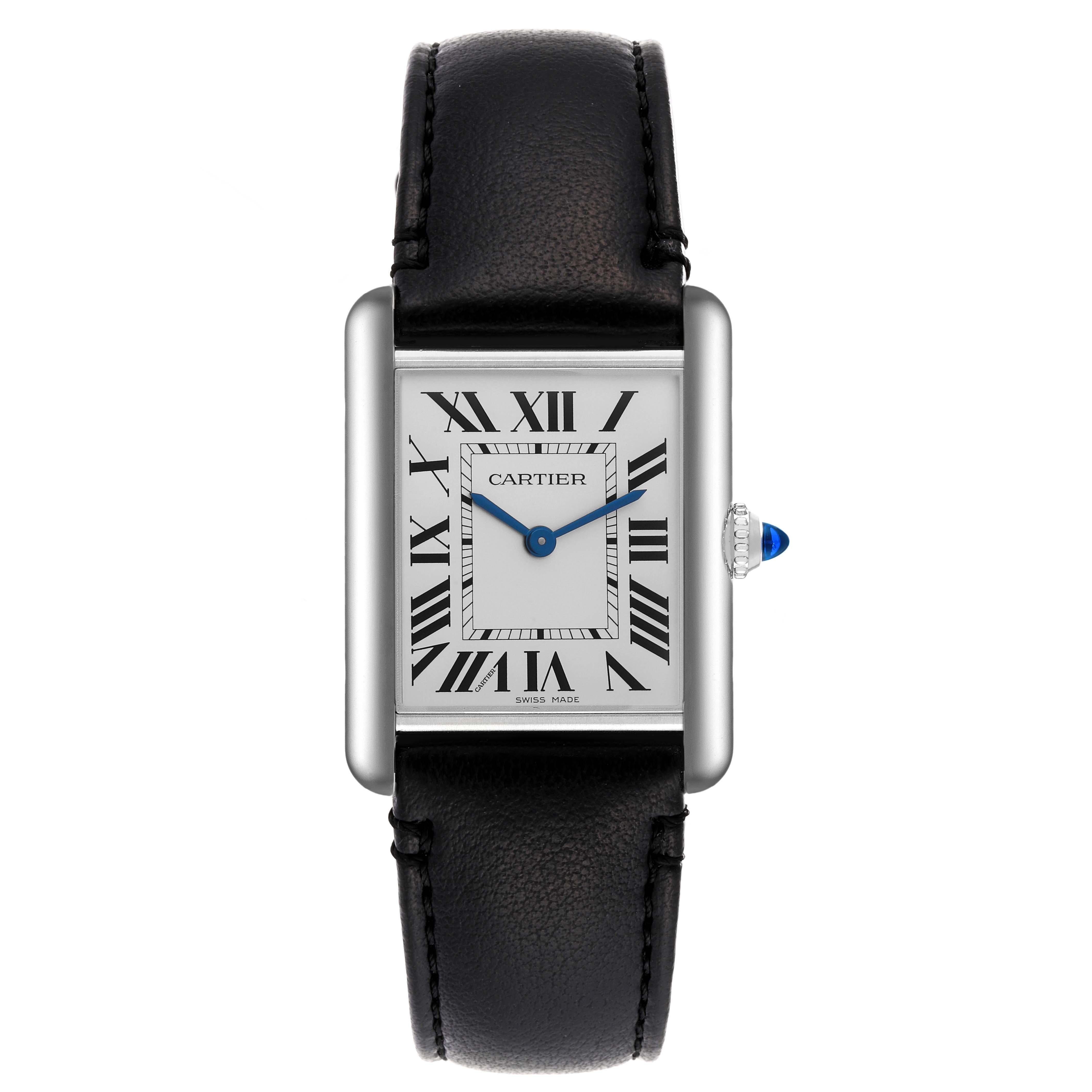 Cartier Tank Must Large SolarBeat Steel Ladies Watch WSTA0059 Box Card. SolarBeat photovoltaic movement. Stainless steel case 33.7 x 25.5 mm. Circular grained crown set with a blue spinel cabochon. . Scratch resistant sapphire crystal. Silvered
