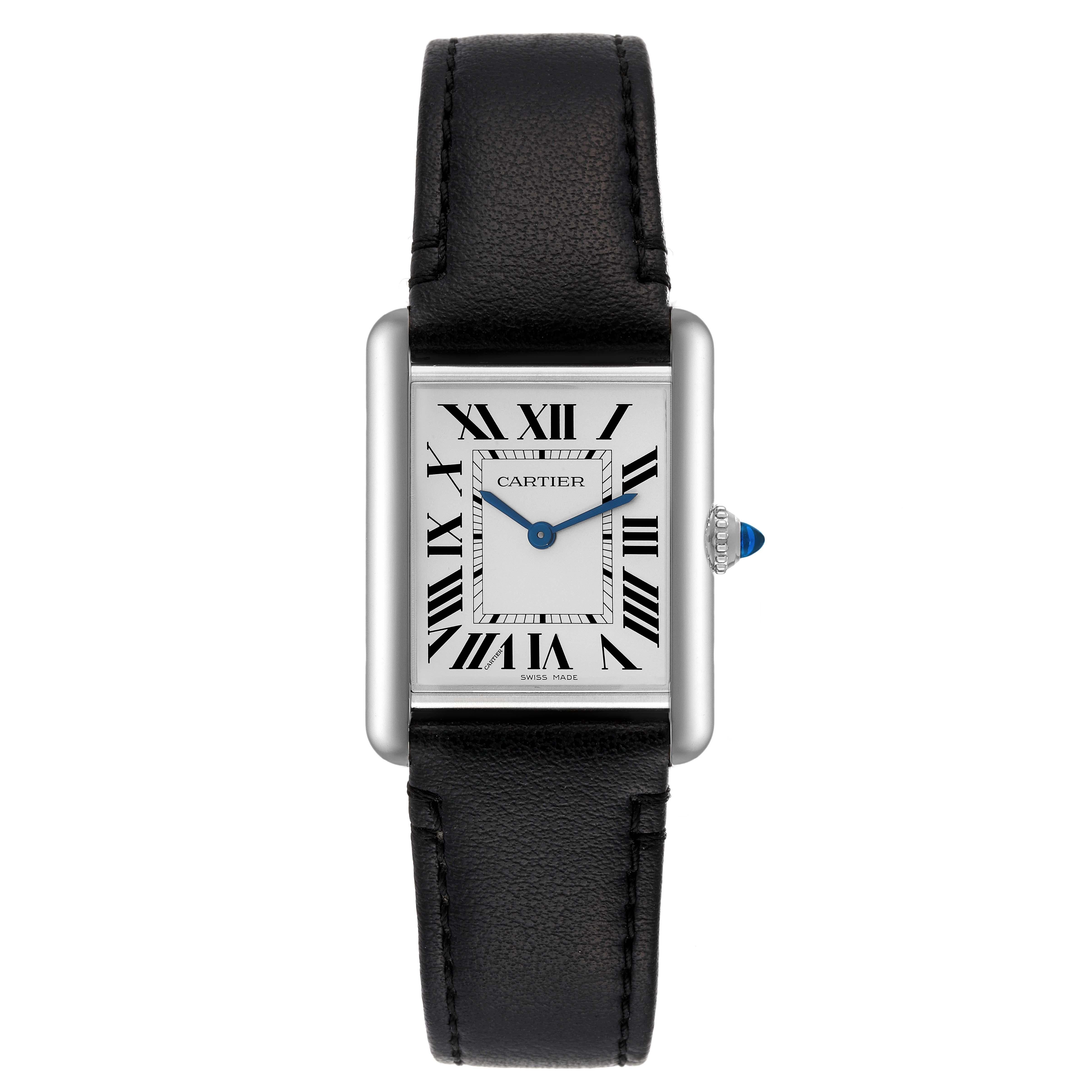 Cartier Tank Must Large SolarBeat Steel Mens Watch WSTA0059 Box Card. SolarBeat photovoltaic movement. Stainless steel case 33.7 x 25.5 mm. Circular grained crown set with a blue spinel cabochon. . Scratch resistant sapphire crystal. Silvered
