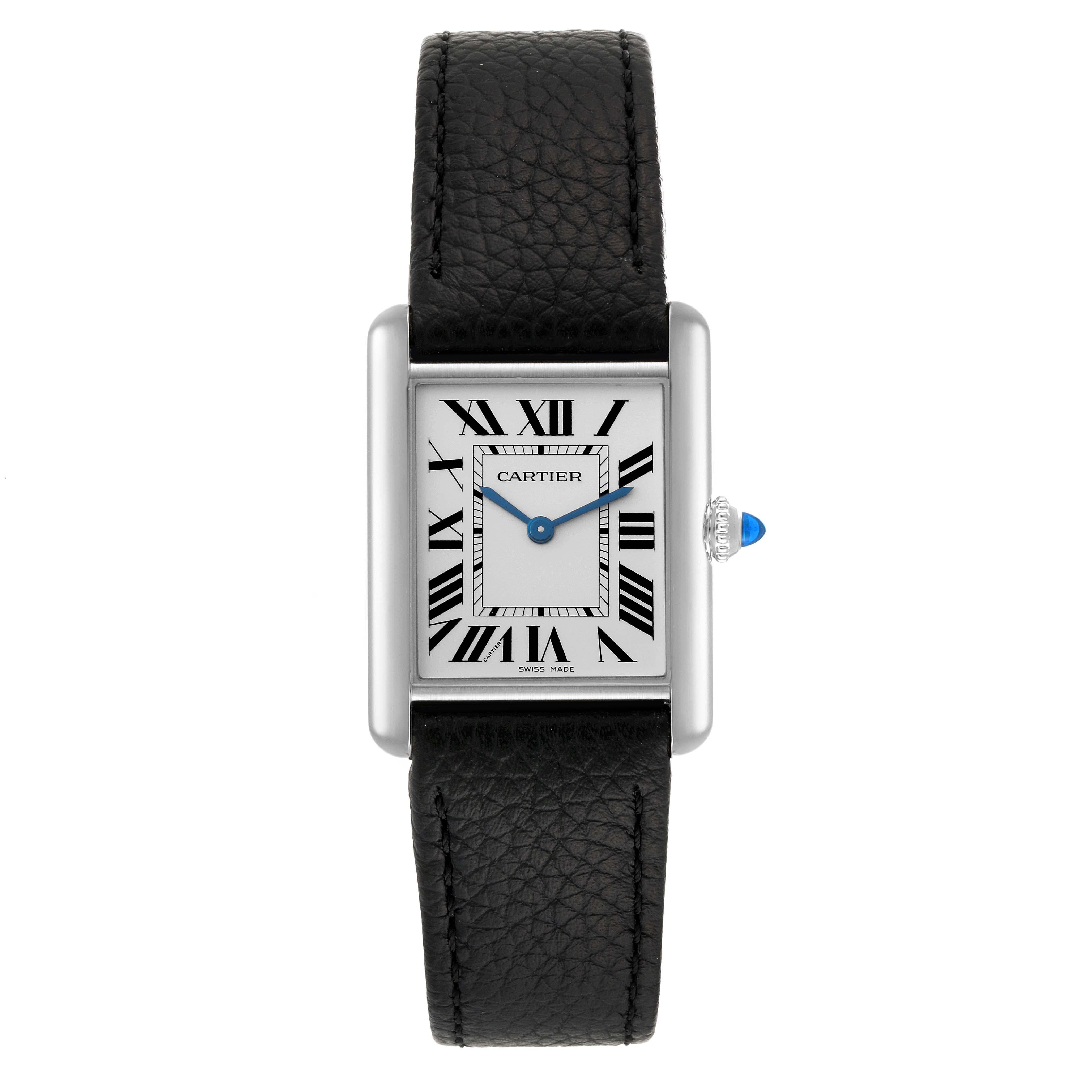 Cartier Tank Must Large Steel Silver Dial Ladies Watch WSTA0041 Unworn. Quartz movement. Stainless steel case 33.7 x 25.5 mm. Circular grained crown set with the blue spinel cabochon. . Scratch resistant sapphire crystal. Silver dial with black