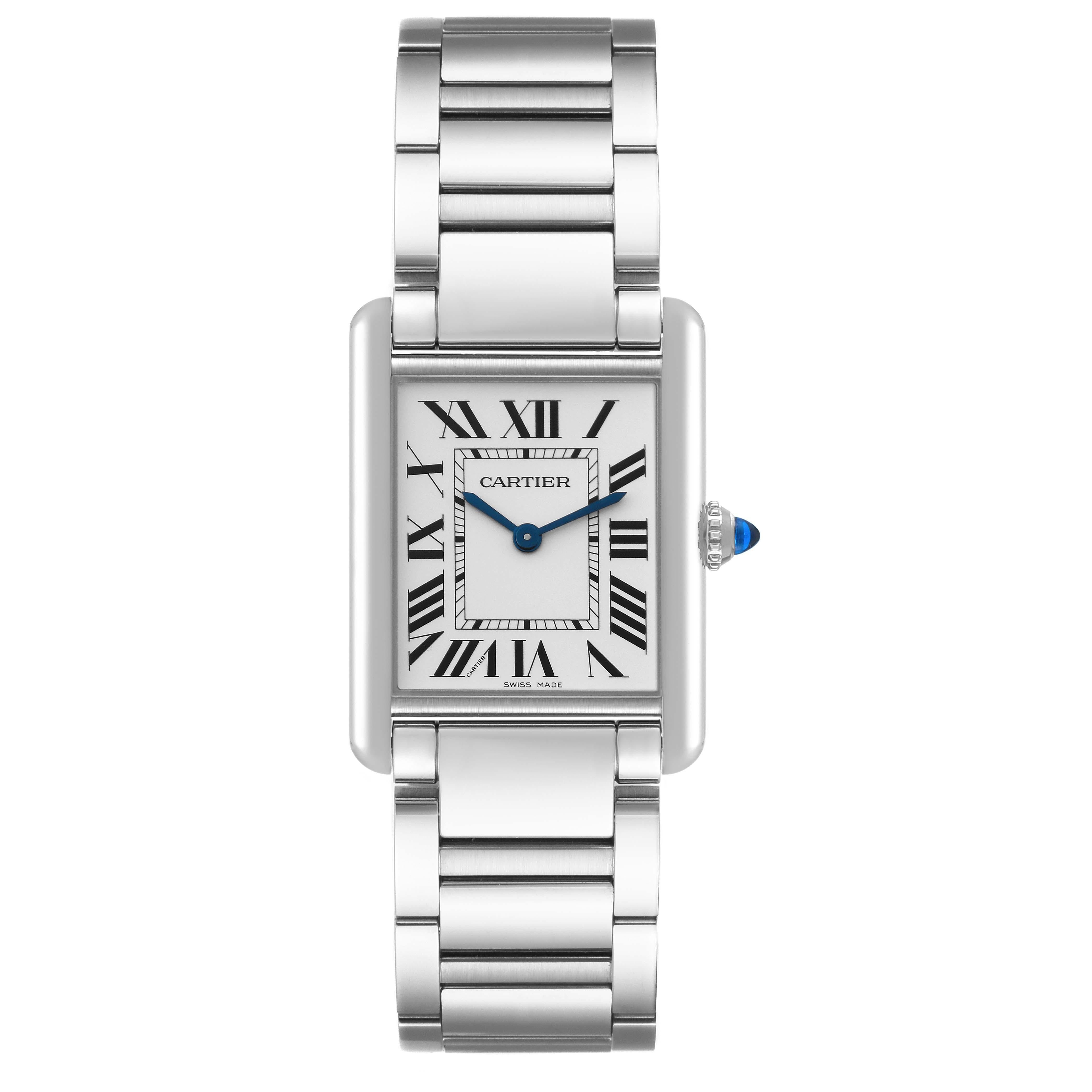 Cartier Tank Must Large Steel Silver Dial Ladies Watch WSTA0052 Unworn. Quartz movement. Stainless steel case 33.7 x 25.5 mm. Circular grained crown set with the blue spinel cabochon. . Scratch resistant sapphire crystal. Silvered dial with sword