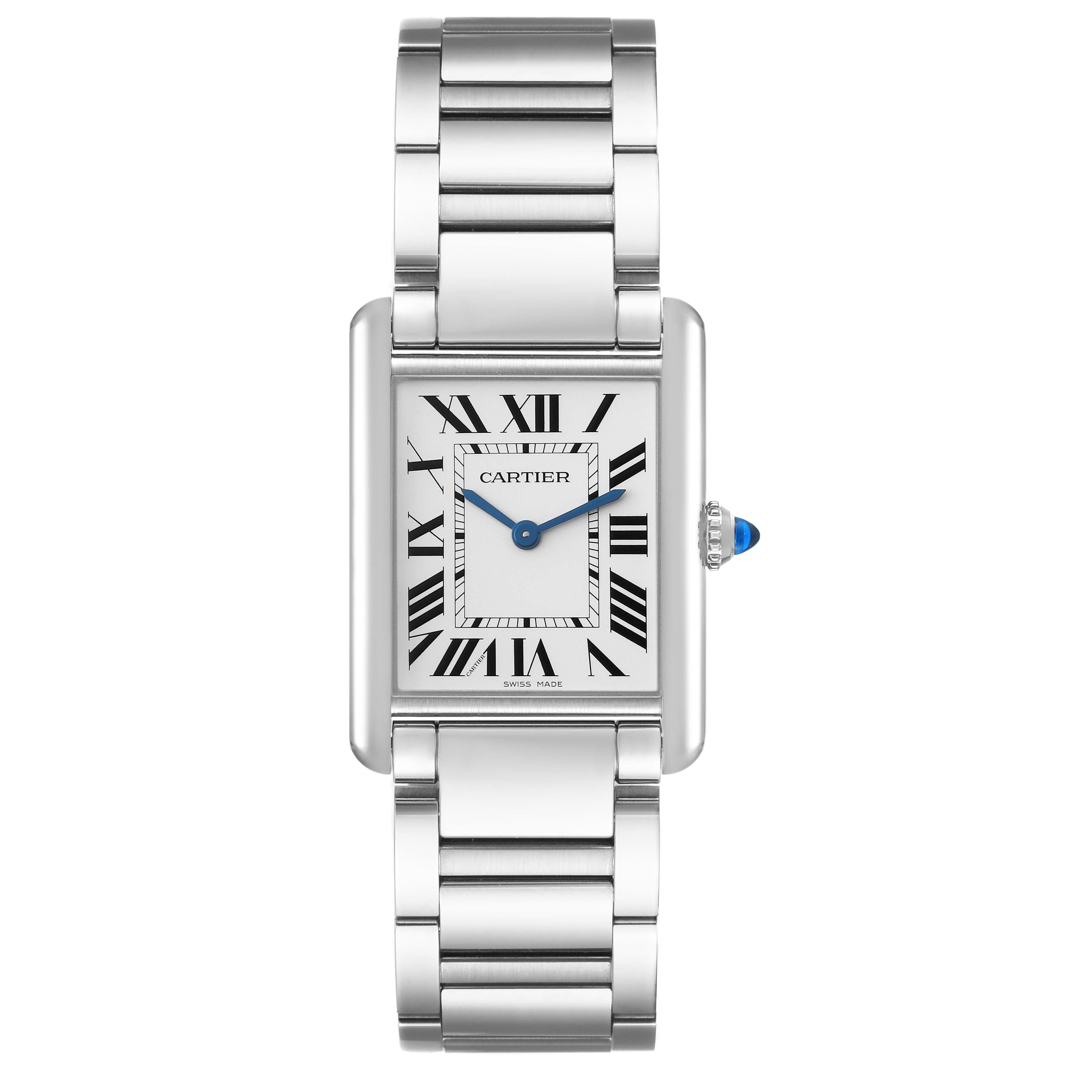 Cartier Tank Must Large Steel Silver Dial Ladies Watch WSTA0052 Unworn. Quartz movement. Stainless steel case 33.7 x 25.5 mm. Circular grained crown set with the blue spinel cabochon. . Scratch resistant sapphire crystal. Silvered dial with black