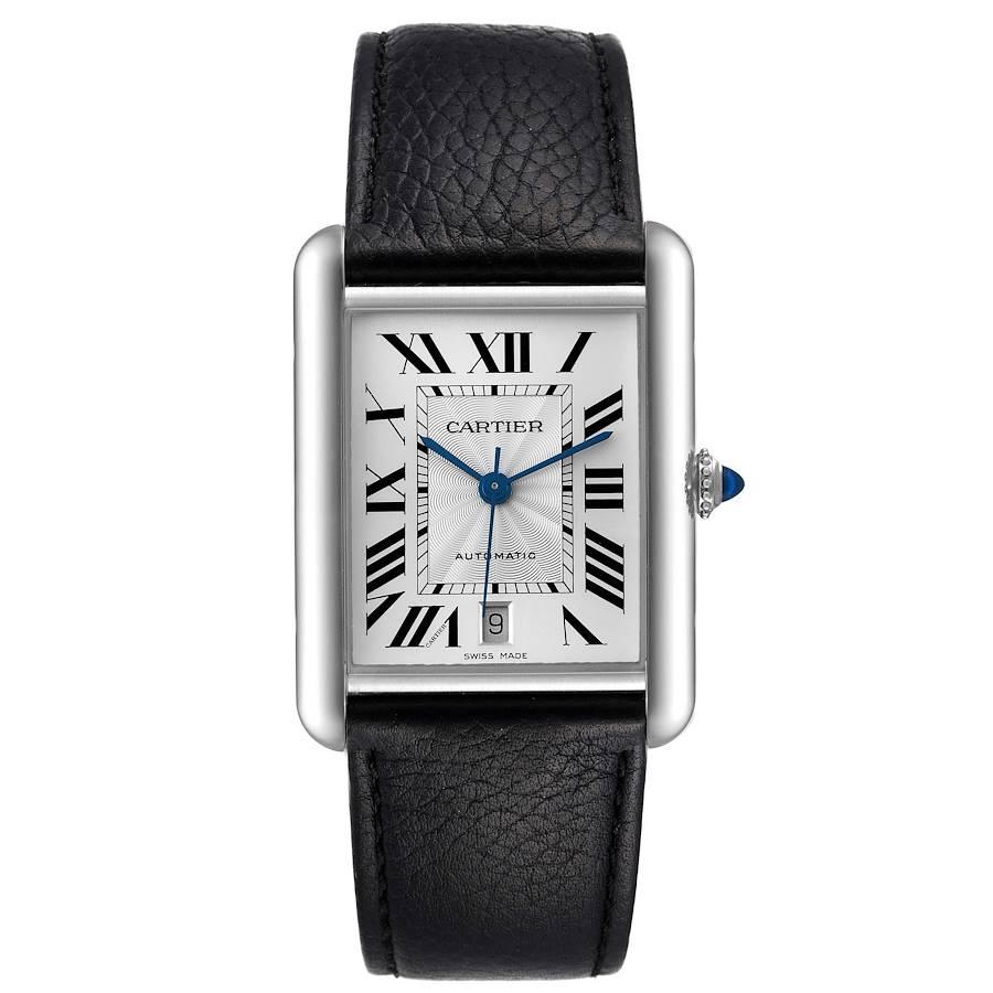 Cartier Tank Must Large Steel Silver Dial Mens Watch WSTA0040 Box Card. Automatic self winding movement. Stainless steel case 31.0 x 41.0 mm. Circular grained crown set with the blue spinel cabochon. . Scratch resistant sapphire crystal. Silver