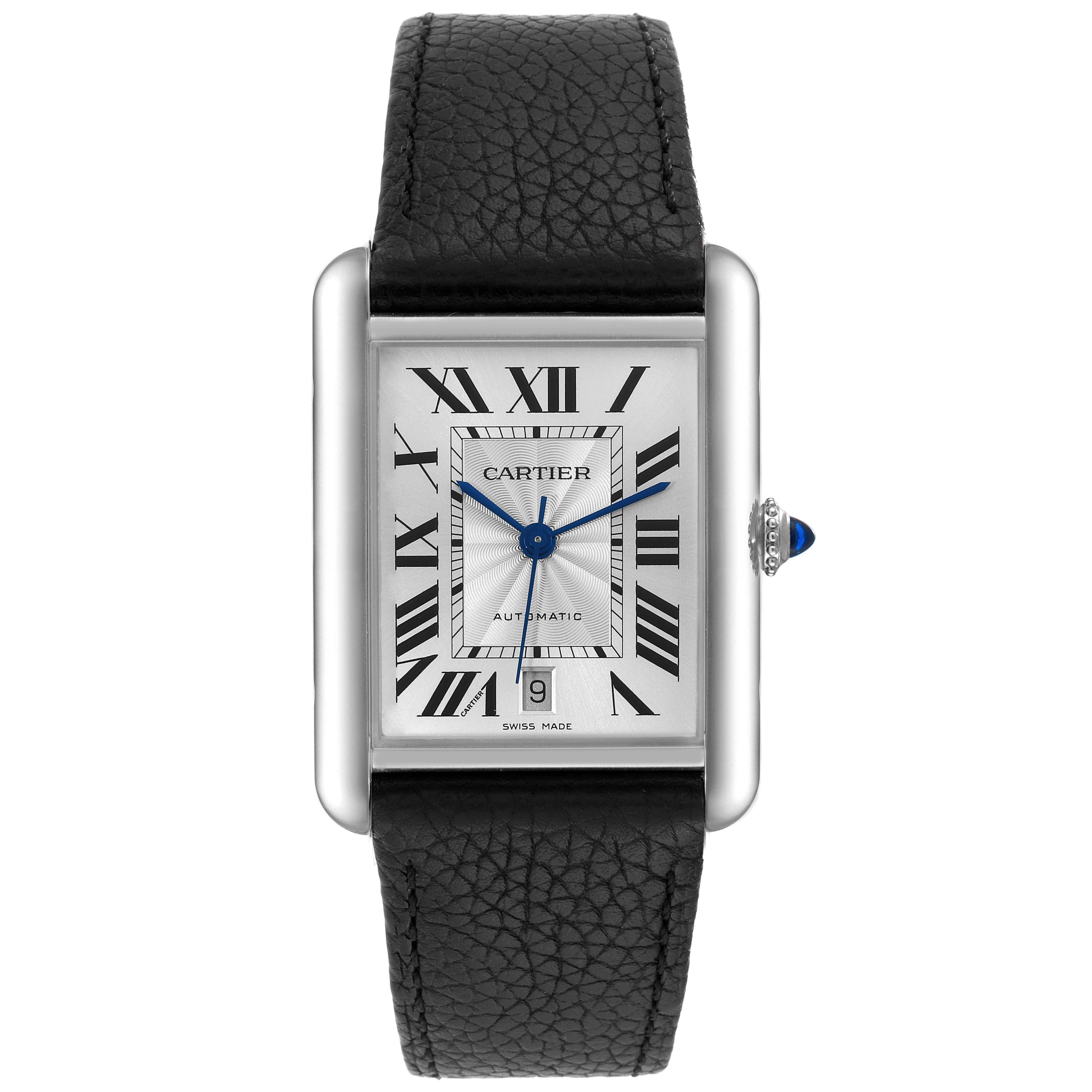 Cartier Tank Must Large Steel Silver Dial Mens Watch WSTA0040 Box Card. Automatic self-winding movement. Stainless steel case 31.0 x 41.0 mm. Circular grained crown set with the blue spinel cabochon. . Scratch resistant sapphire crystal. Silver