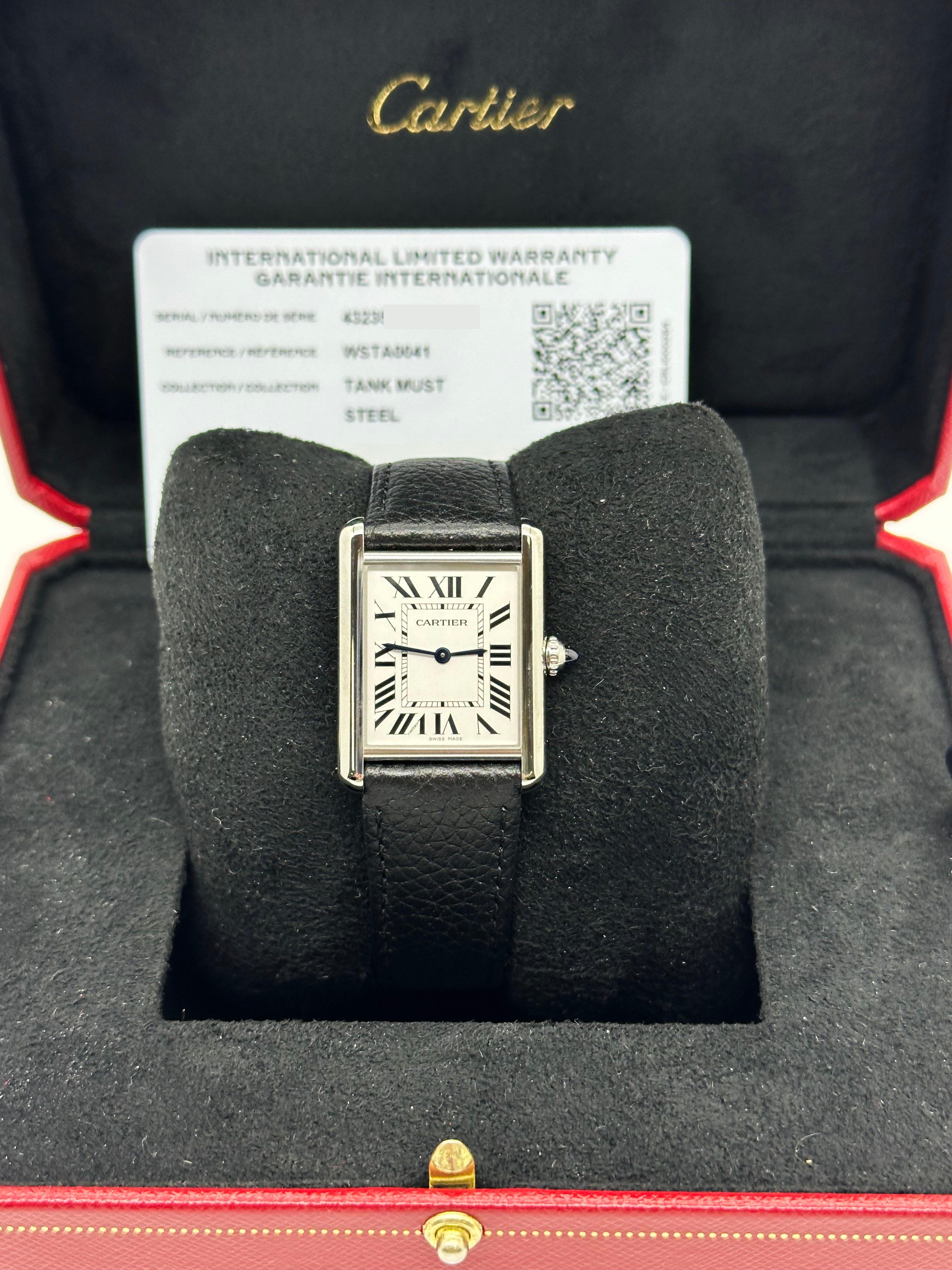 Cartier Tank Must Ref 4323 WSTA0041 Stainless Steel Silver Dial Box Papers In Excellent Condition In San Diego, CA