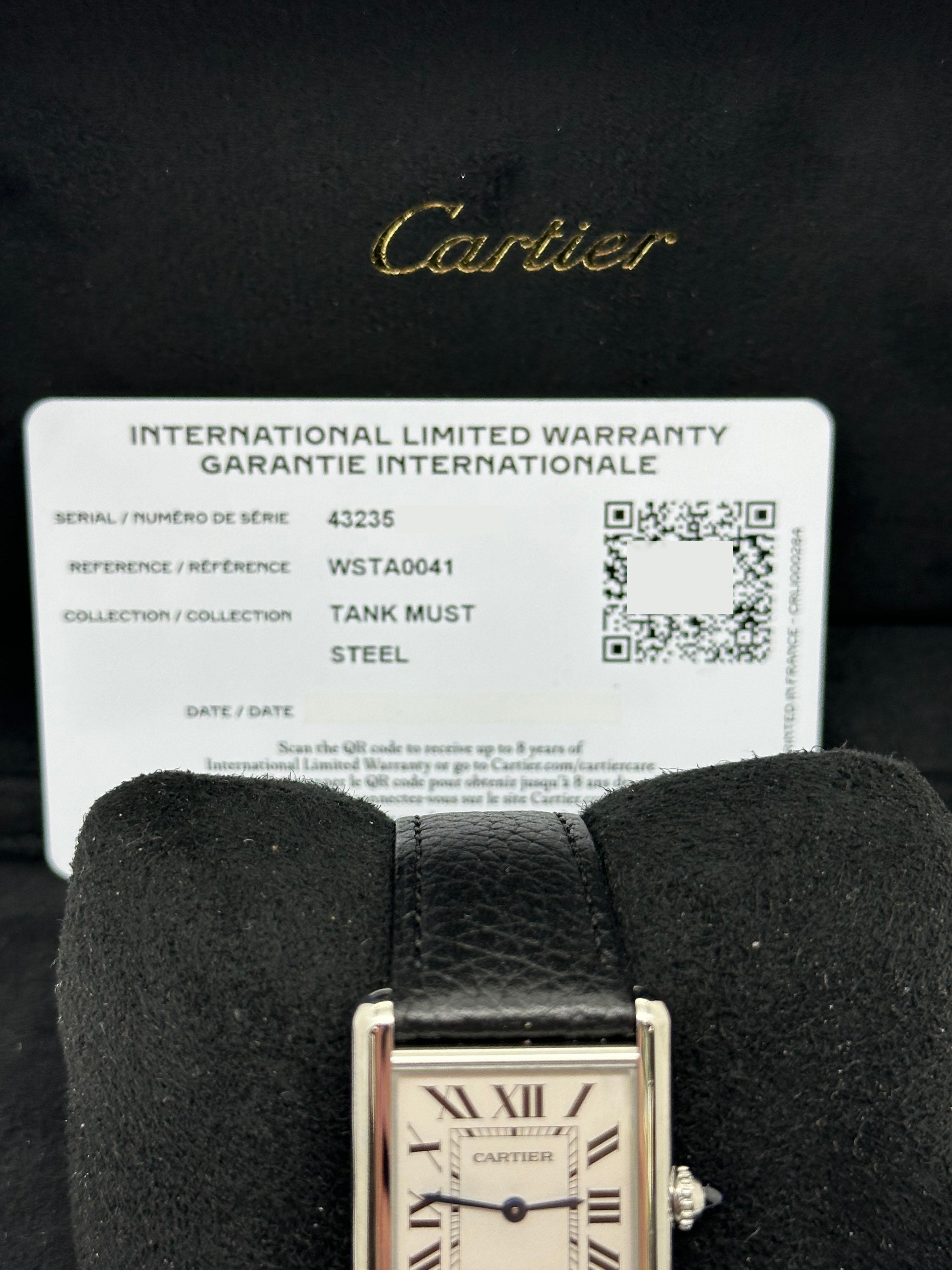 De las mujeres Cartier Tank Must Ref 4323 WSTA0041 Acero inoxidable Esfera plateada Caja Papeles