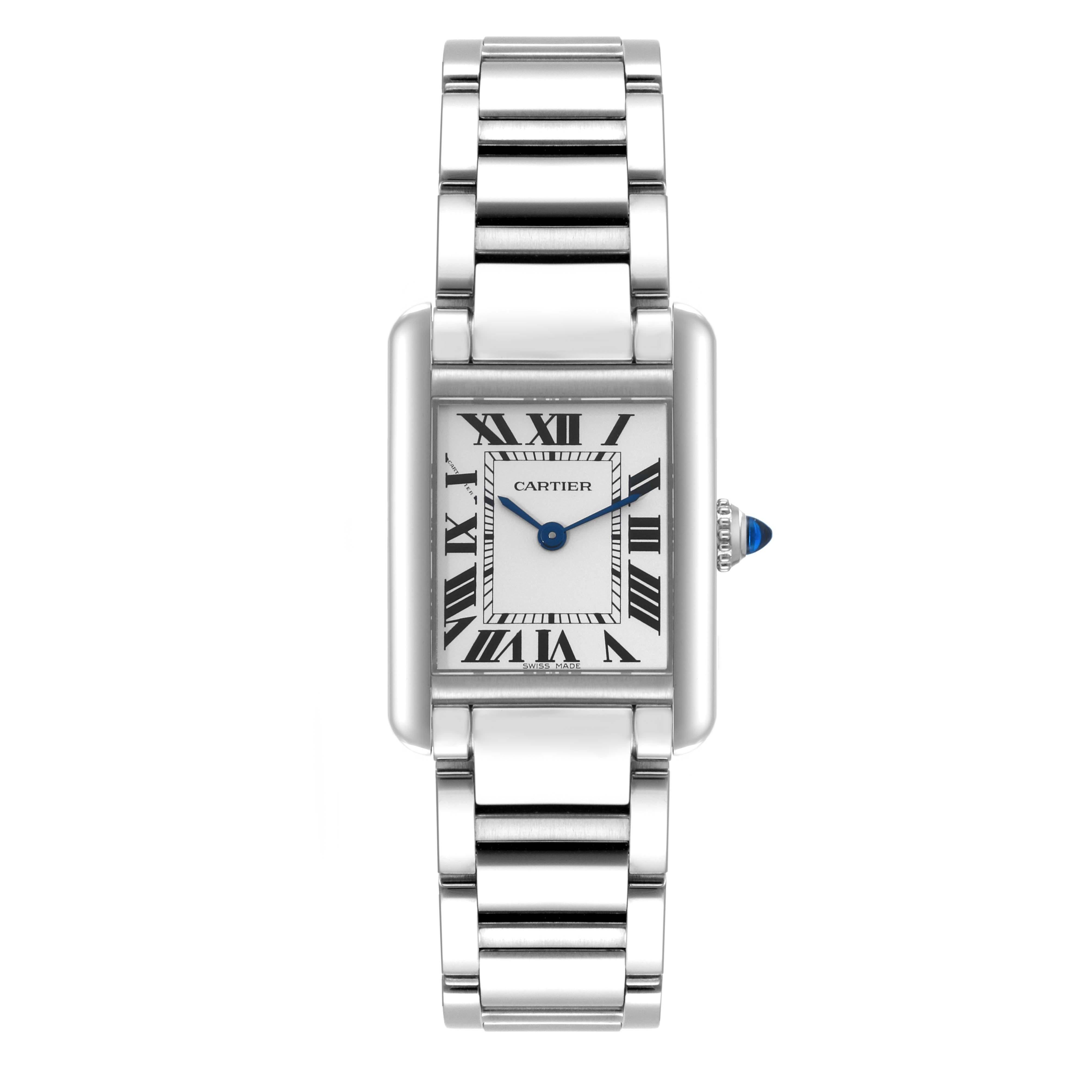 Cartier Tank Must Small Steel Silver Dial Ladies Watch WSTA0051. Quartz movement. Stainless steel case 29.5 x 22 mm. Circular grained crown set with the blue spinel cabochon. . Scratch resistant sapphire crystal. Silver dial with black Roman numeral