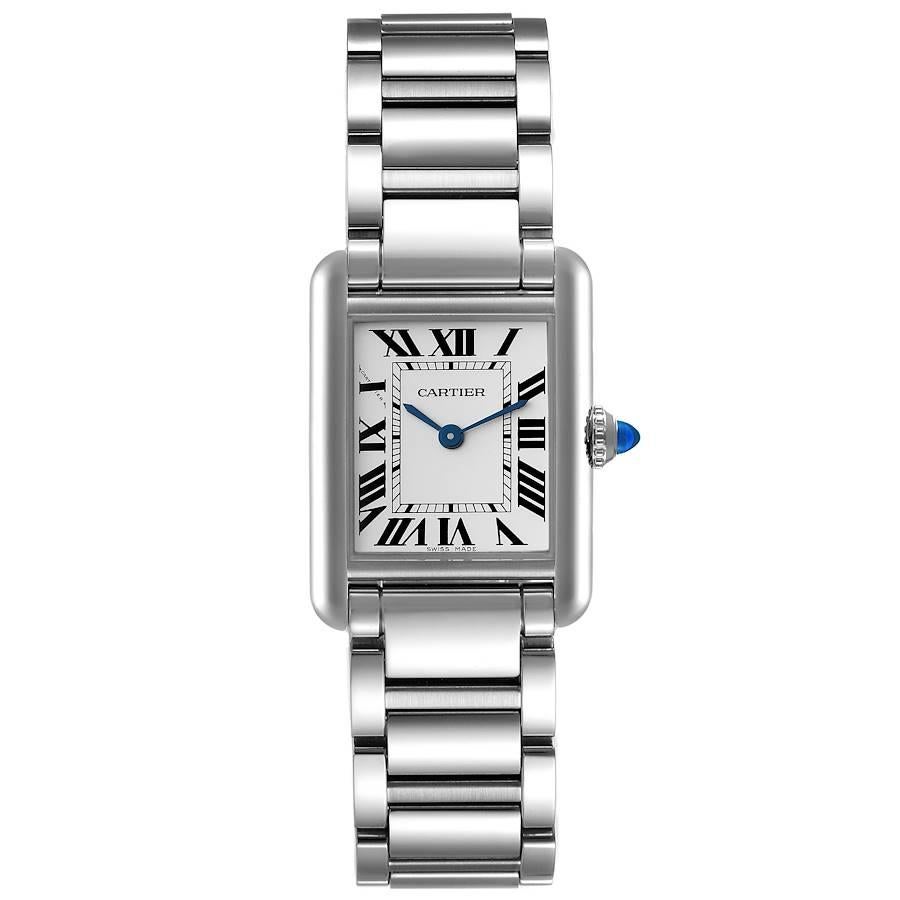 Cartier Tank Must Small Steel Silver Dial Ladies Watch WSTA0051 Unworn. Quartz movement. Stainless steel case 29.5 x 22 mm. Circular grained crown set with the blue spinel cabochon. . Scratch resistant sapphire crystal. Silver dial with printed