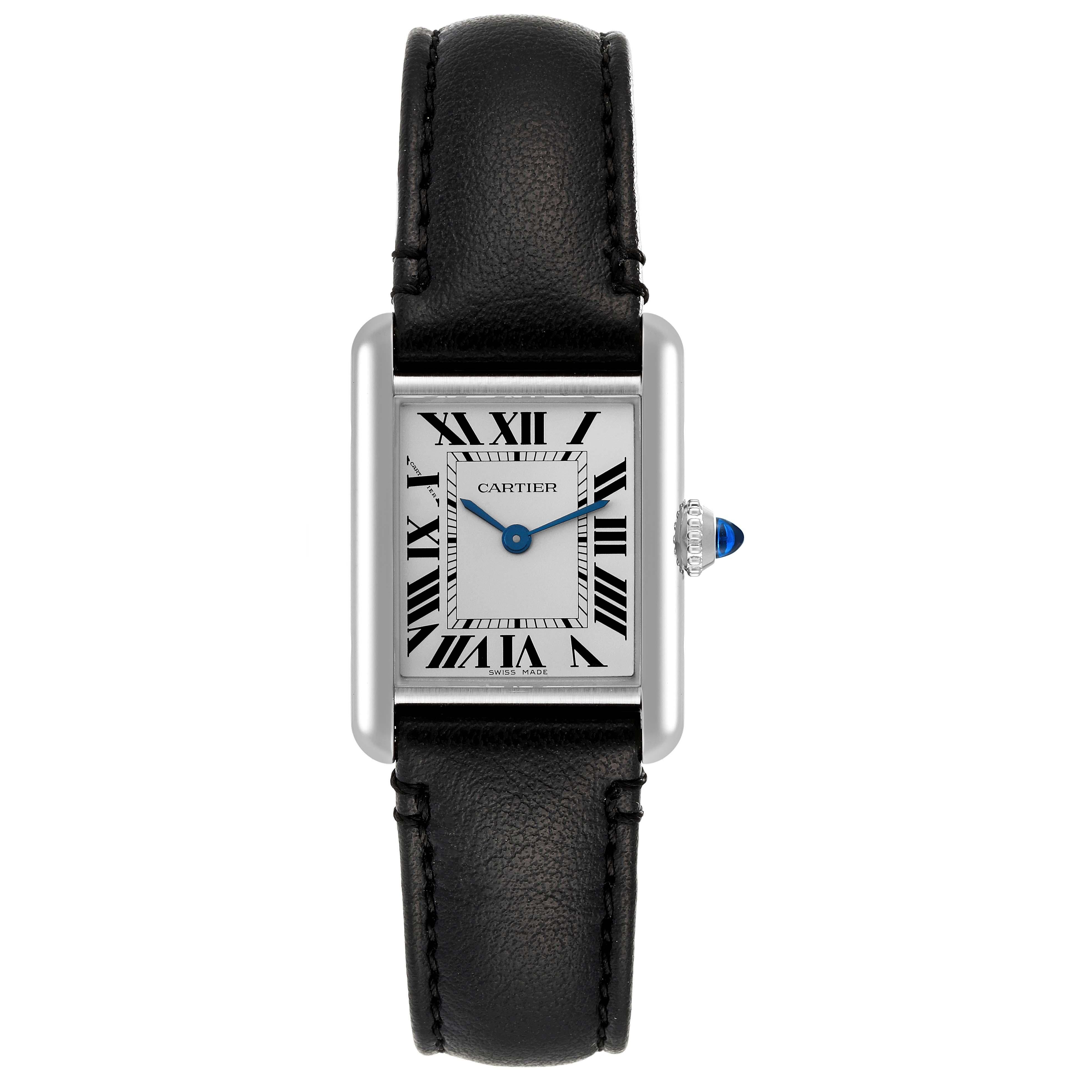 Cartier Tank Must Small Steel Silver Dial Ladies Watch WSTA0060. Quartz movement. Stainless steel case 29.5 x 22 mm. Circular grained crown set with the blue spinel cabochon. . Scratch resistant sapphire crystal. Silver dial with Roman numeral hour