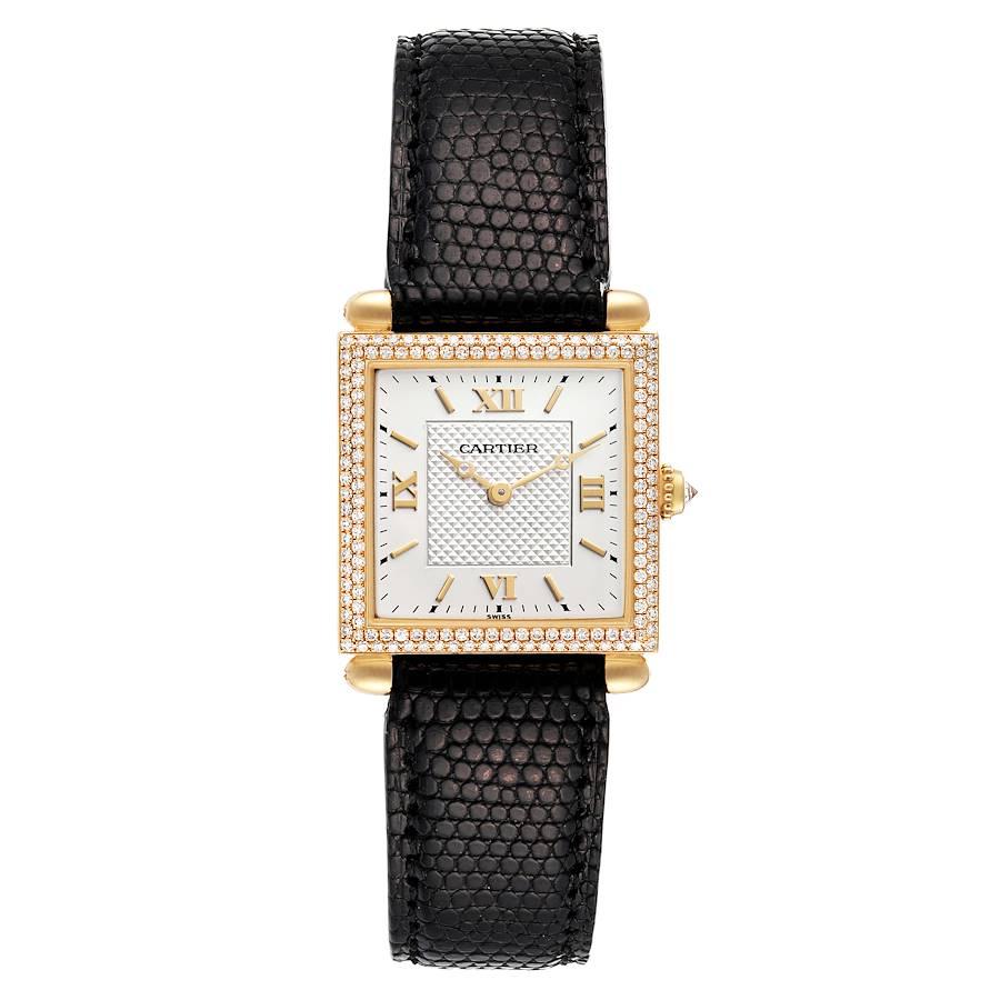 Cartier Tank Obus 18k Yellow Gold Diamond Silver Dial Ladies Watch WB800351. Quartz movement. 18K yellow gold square case set with original Cartier factory diamonds. 24.5 x 24.5 mm (31 mm with lugs). Rounded bullet lugs. Circular grained crown set