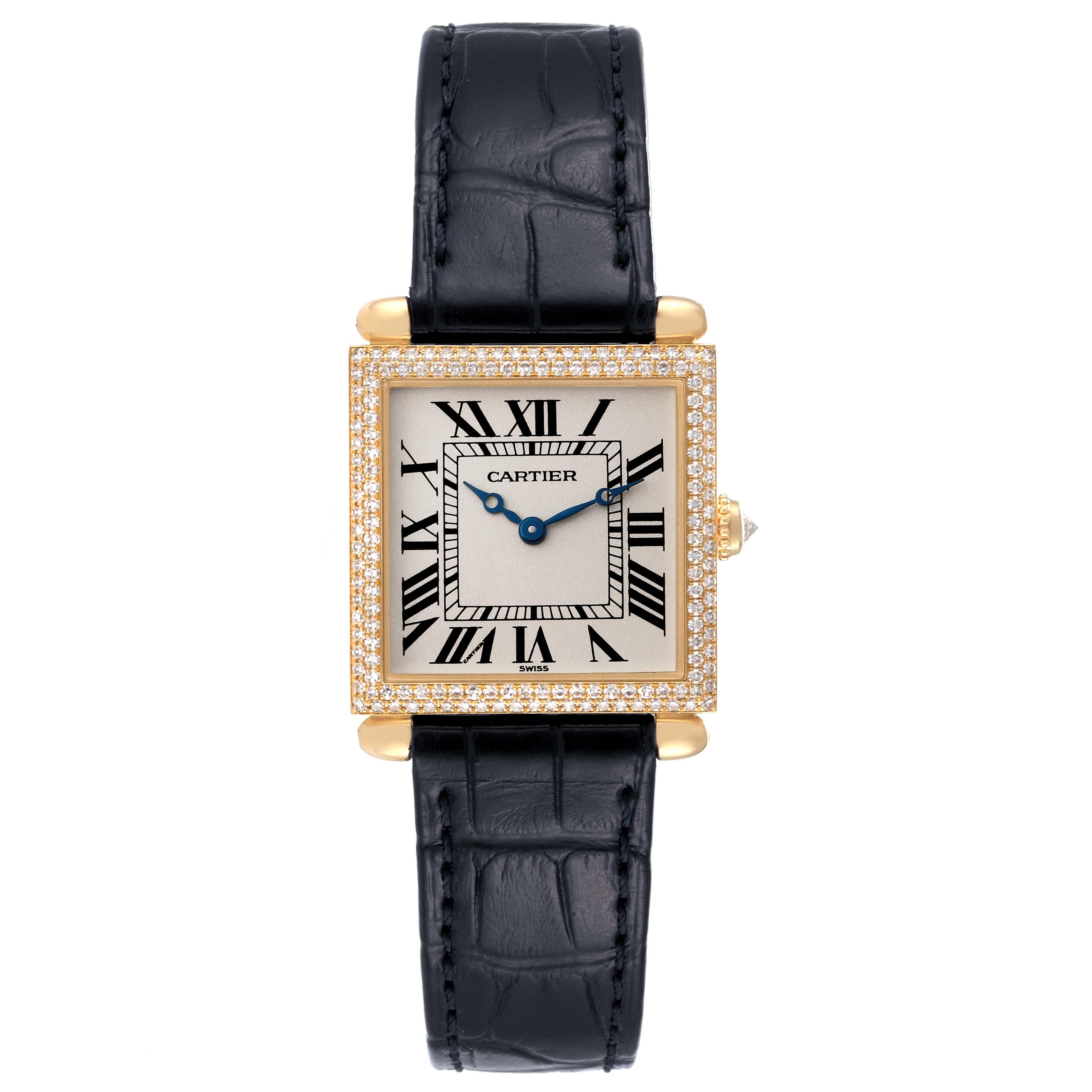 Cartier Tank Obus Prevee Collection Yellow Gold Diamond Ladies Watch WB800251. Quartz movement. 18k yellow gold square case 24.5 x 24.5 mm (31 mm with lugs). Rounded bullet lugs. Circular grained crown set with an original Cartier factory diamond.
